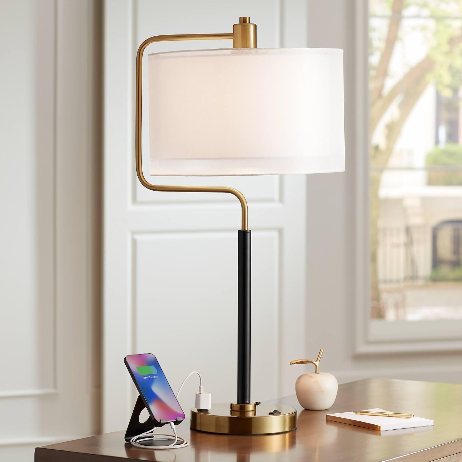 Possini Euro Design Carlyle 30.5' Tall Desk Lamp with USB Charging Ports and Outlet Mid Century Modern Warm Gold Double Drum Shades - Living Room Bedroom House Bedside Nightstand Home Office Family