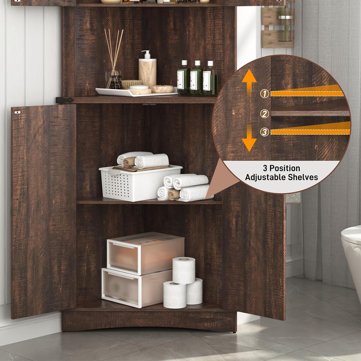 Hlivelood 68' Tall Farmhouse Corner Cabinet, 5-Tier Large Storage Cabinet with 4 Barn Doors & Adjustable Shelves, Bathroom Cabinets with Storage for Living Room, Kitchen, Bathroom, Brown
