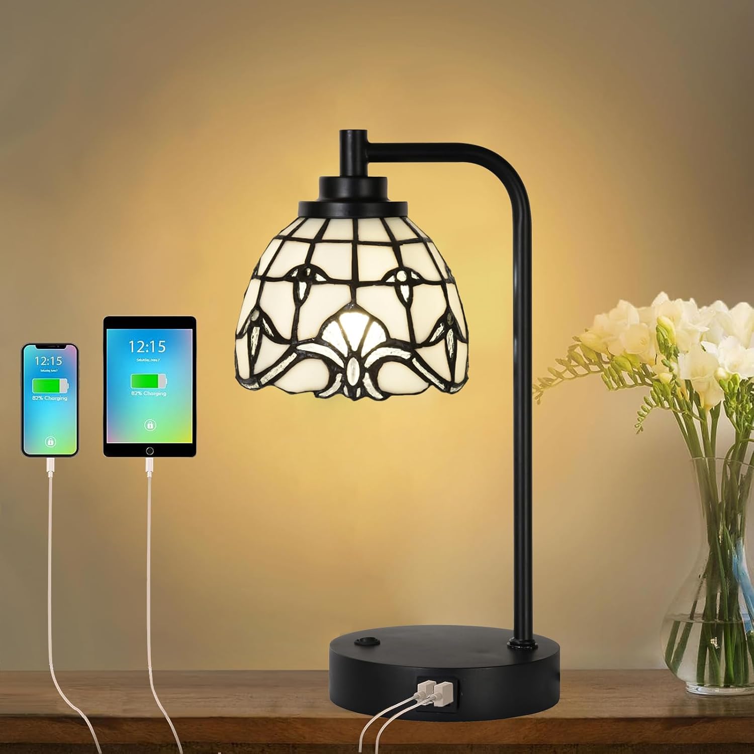 TL0020 Tiffany Table Lamp with 2 USB Charging Ports, Desk Lamp with White Baroque Stained Glass Lamp Shade, Retro Nightstand H 14.5' for Bedrooms Office Study, LED Bulbs Included (White)