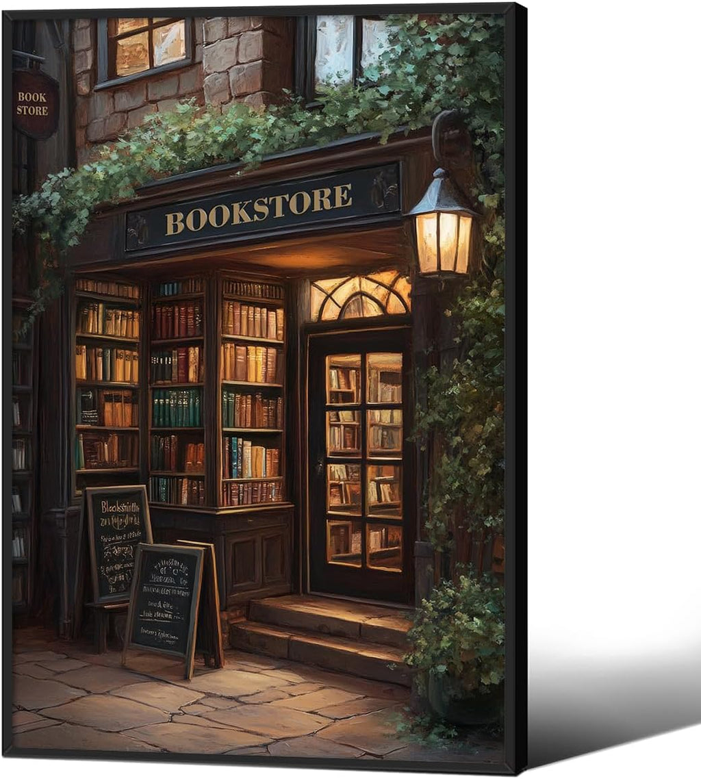 Dark Academia Bookish Posters Antique Library Bookshop Wall Art 24x36 inch Black Framed Moody Reading Canvas Painting for Living Room Library Wall Decor