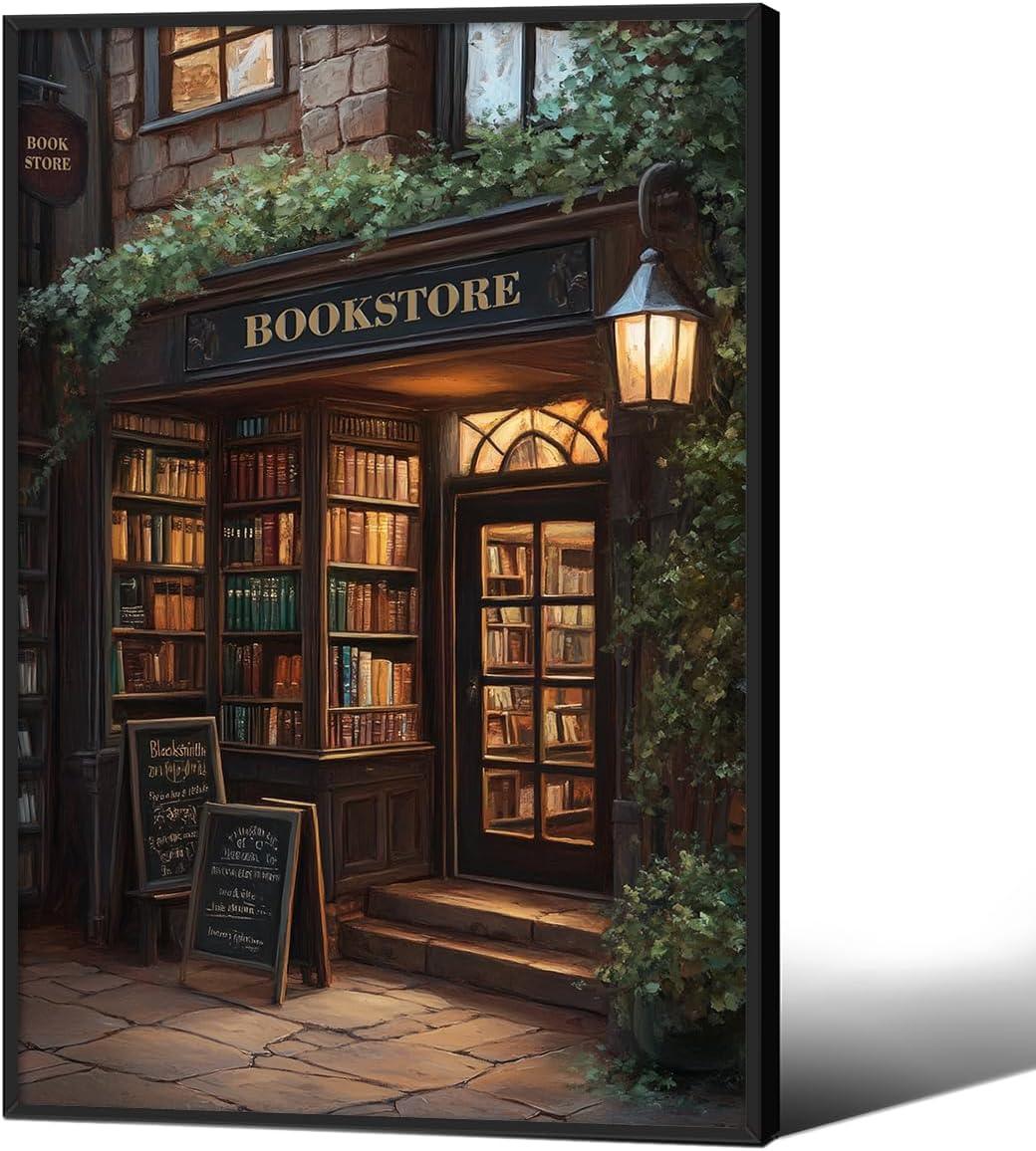 Dark Academia Bookish Posters Antique Library Bookshop Wall Art 24x36 inch Black Framed Moody Reading Canvas Painting for Living Room Library Wall Decor