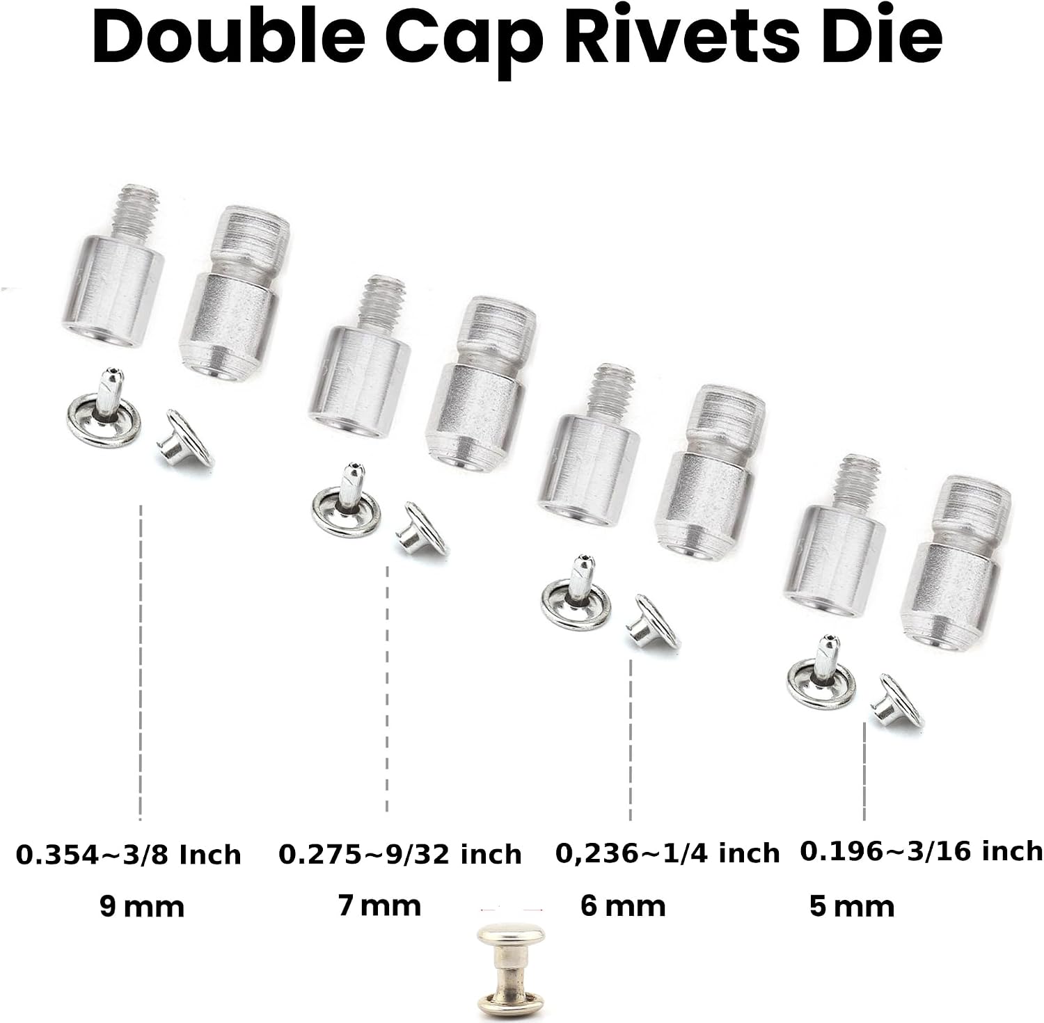 Double Cap Rivet Press Machine and Die Set for 5mm, 6mm, 7mm and 9 mm Rivets