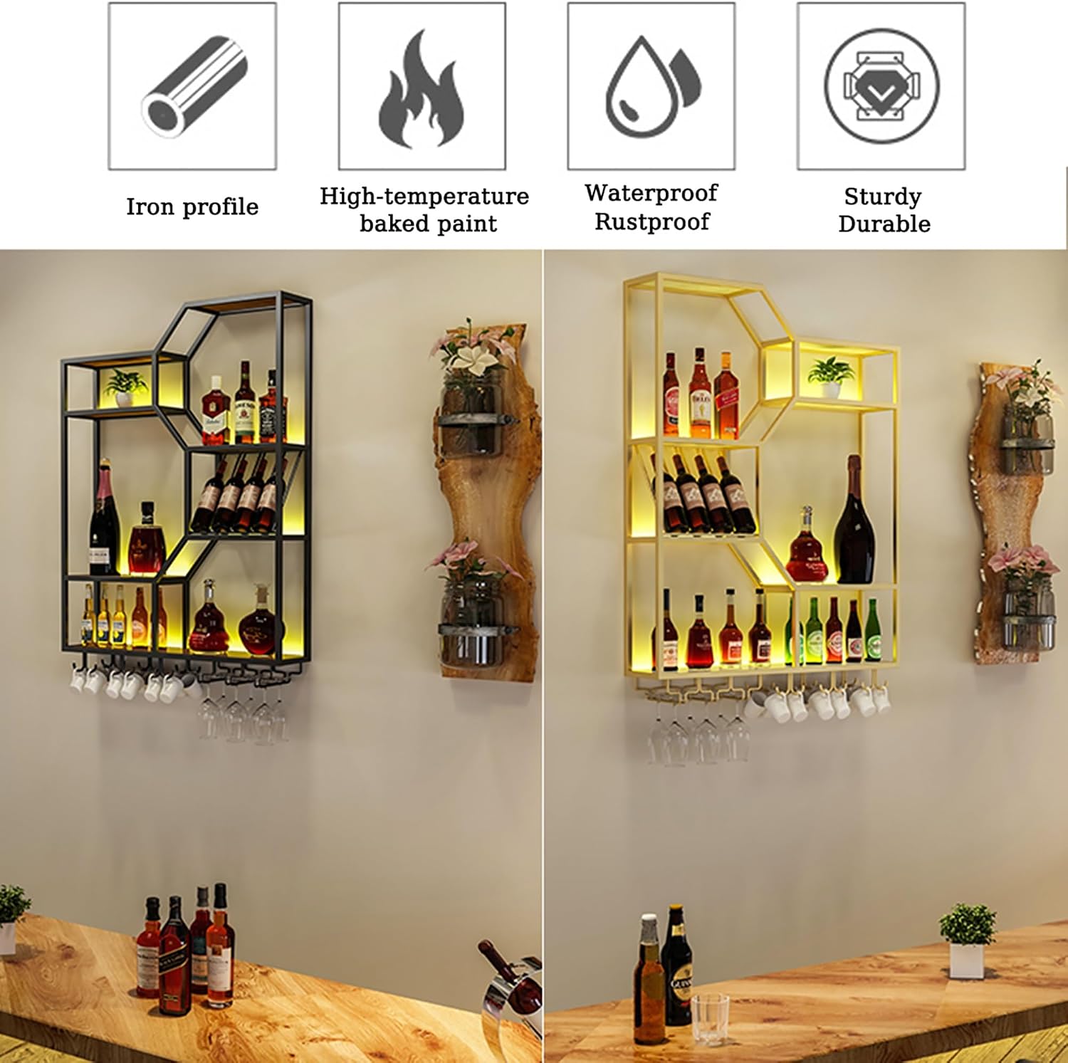 Wine Rack Bar Shelves Wall Mounted with Hanging Wine Glass Rack with Light Strip Whiskey Shelf Corner Bar Kitchen Storage Shelves Mini Bar Liquor Cabinet Bar Bottle Displ,Blacka100X20X130Cm