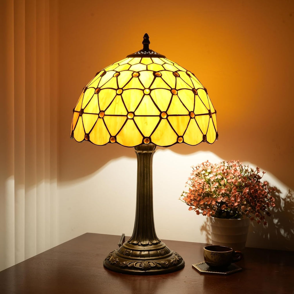 Tiffany Lamp Vintage Bead Orange Table Lamps Bedside for Bedroom Dector Stained Glass Lamps Living Room end Office Kitchen Hotel Bar Farmhouse 12 Inch Aesthetic Nightstand 70s 80s Reading Desk Light