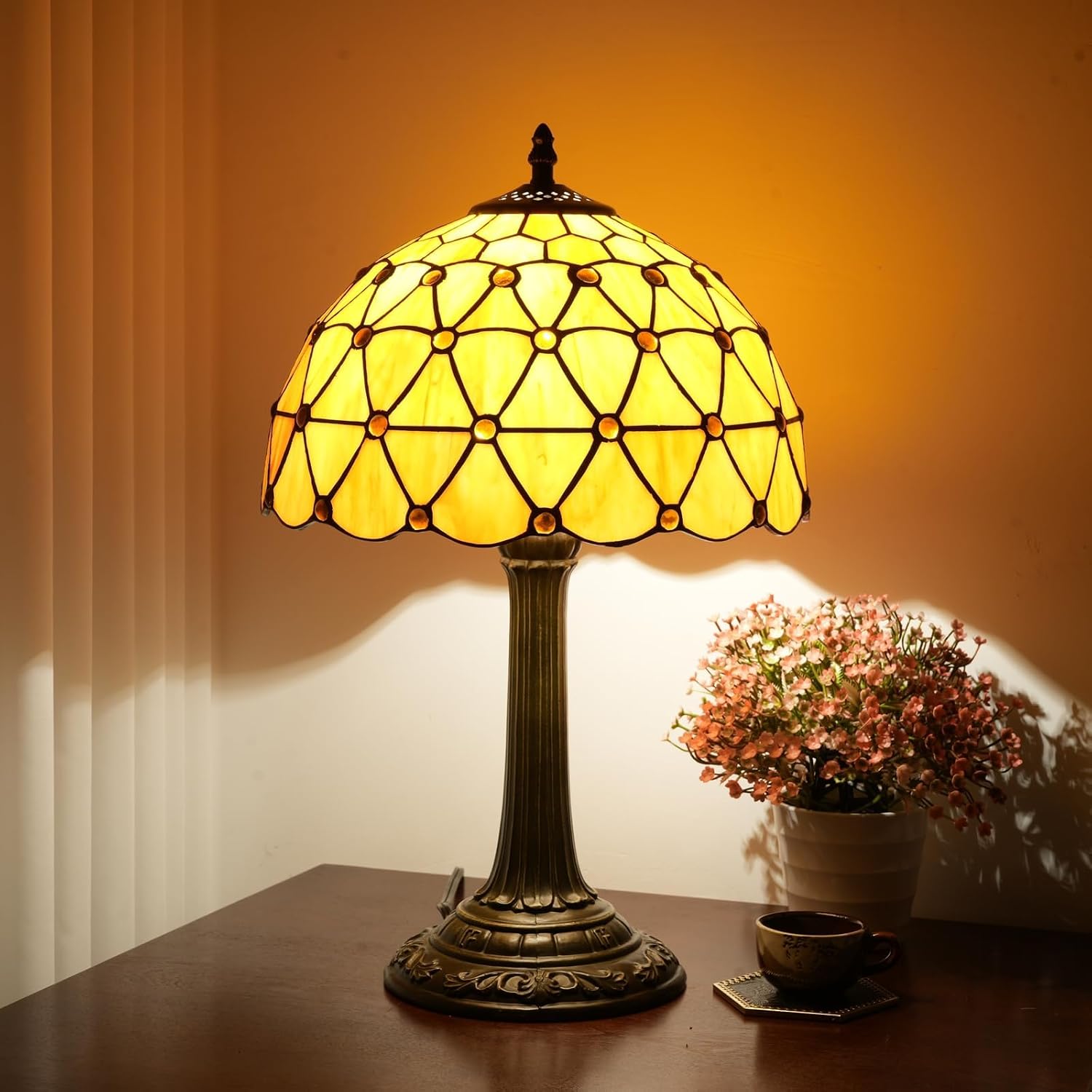 Tiffany Lamp Vintage Bead Orange Table Lamps Bedside for Bedroom Dector Stained Glass Lamps Living Room end Office Kitchen Hotel Bar Farmhouse 12 Inch Aesthetic Nightstand 70s 80s Reading Desk Light