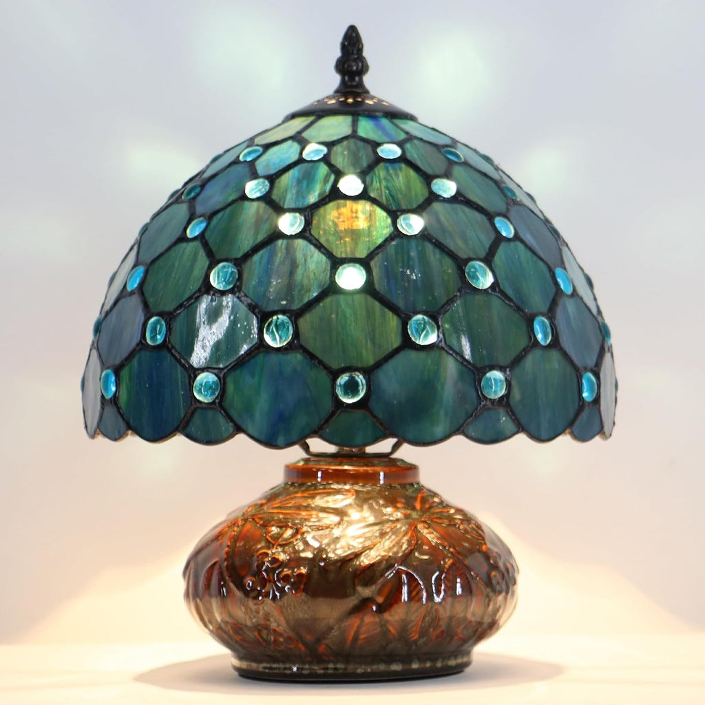Small Tiffany Table Lamp, 10X10X11 Inch Mini Stained Glass Mushroom Desk Light Memory Sympathy Ceramic lamp (Sea Blue Pearl Style)