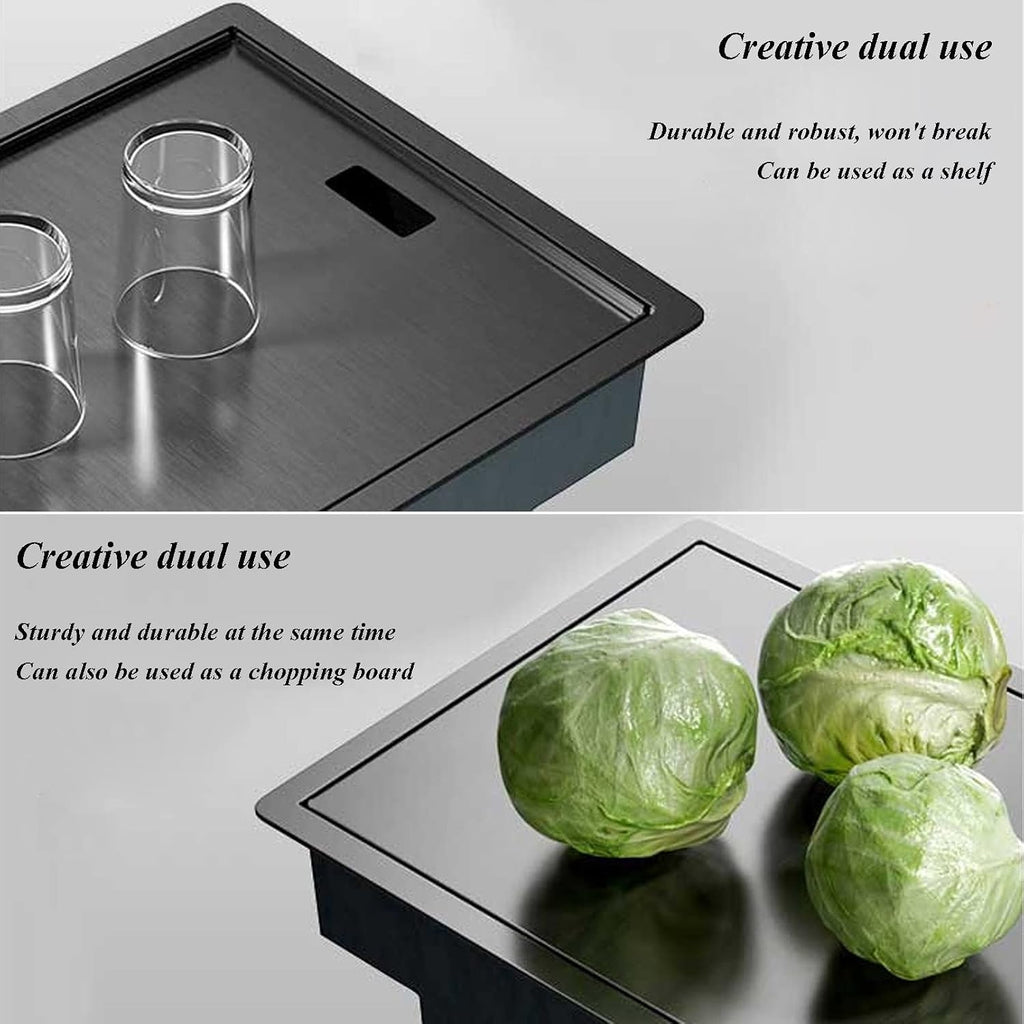 Undermount Kitchen Sink Hidden Sink with Foldable Tap and Cover, Laundry Utility Drop-in Topmount Single Bowl Sink Stainless Steel Kitchen Bathoom Sinks, Bl(Black-35x45cm