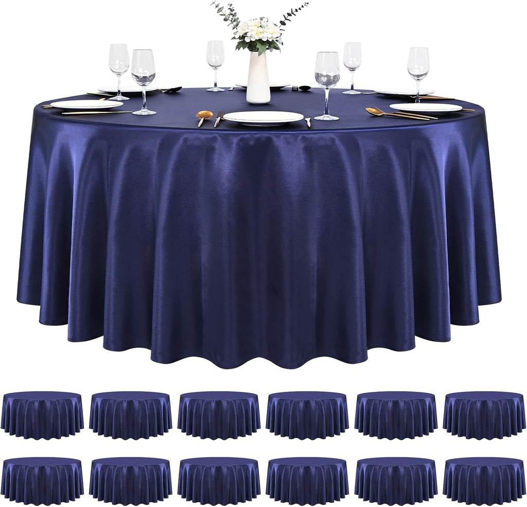 Pesonlook 12 Pack Navy Blue Round Tablecloth, 120 Inch Satin Fabric Tablecloth for Round Table, Wrinkle Resistant Washable TableCover Bright Silk TableClothes for Wedding Party Dining Table Banquet