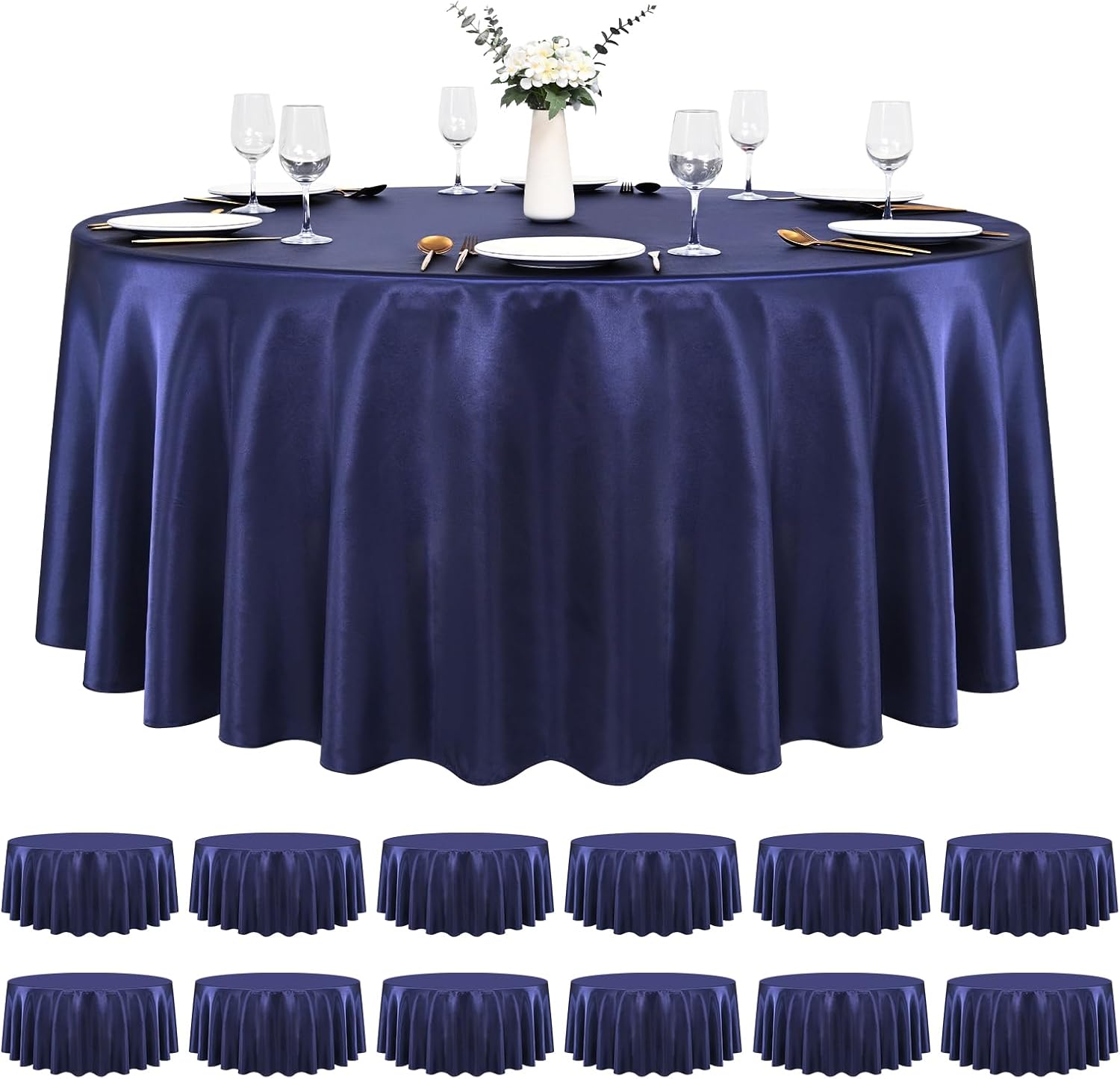 Pesonlook 12 Pack Navy Blue Round Tablecloth, 120 Inch Satin Fabric Tablecloth for Round Table, Wrinkle Resistant Washable TableCover Bright Silk TableClothes for Wedding Party Dining Table Banquet