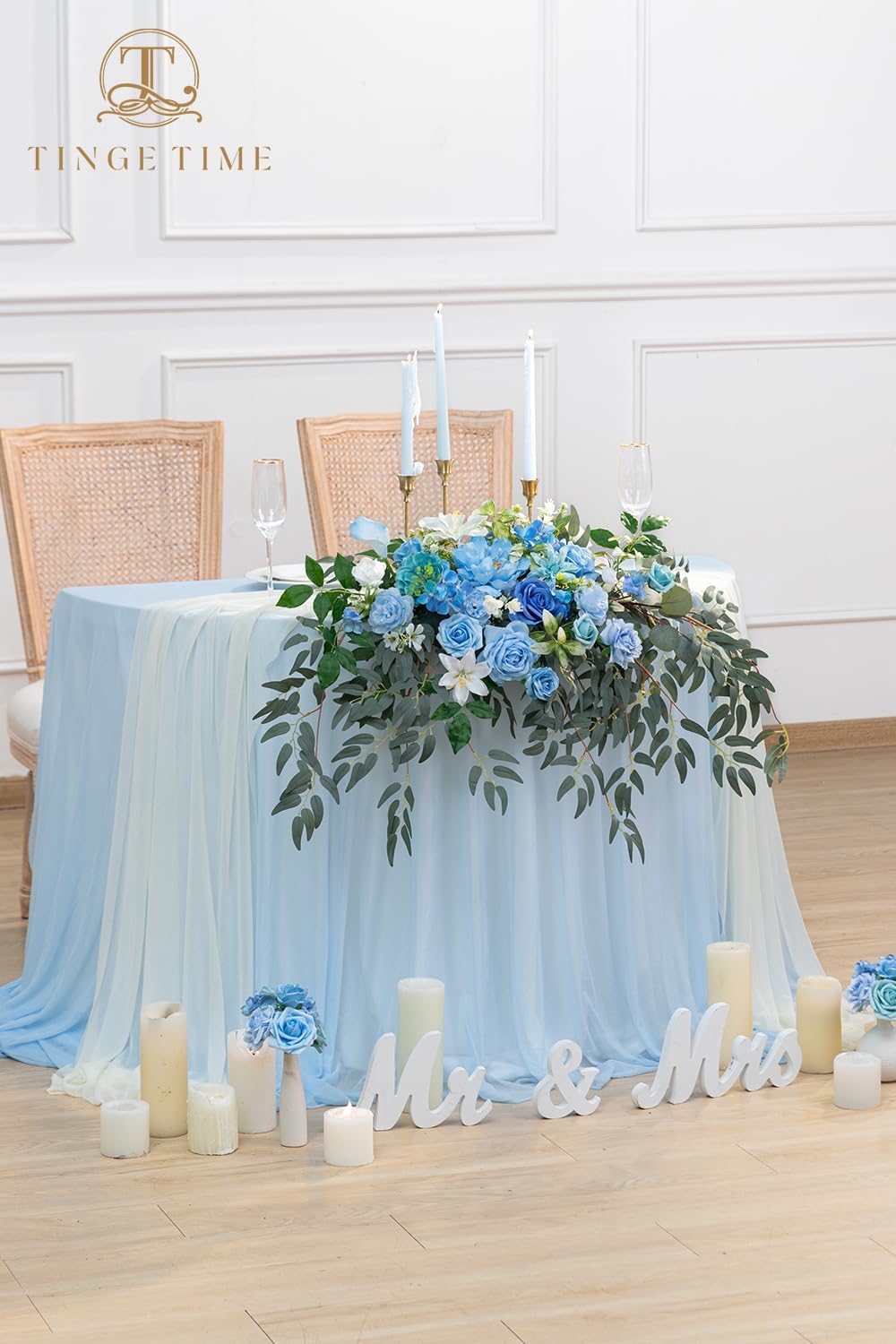TINGE TIME Artificial Sweetheart Flower Swag with Tablecloth and Table Runner, Pack of 3 Floral Arrangement for Wedding Sweetheart Table Centerpiece Decoration Valentine's Day (Provence Blue)