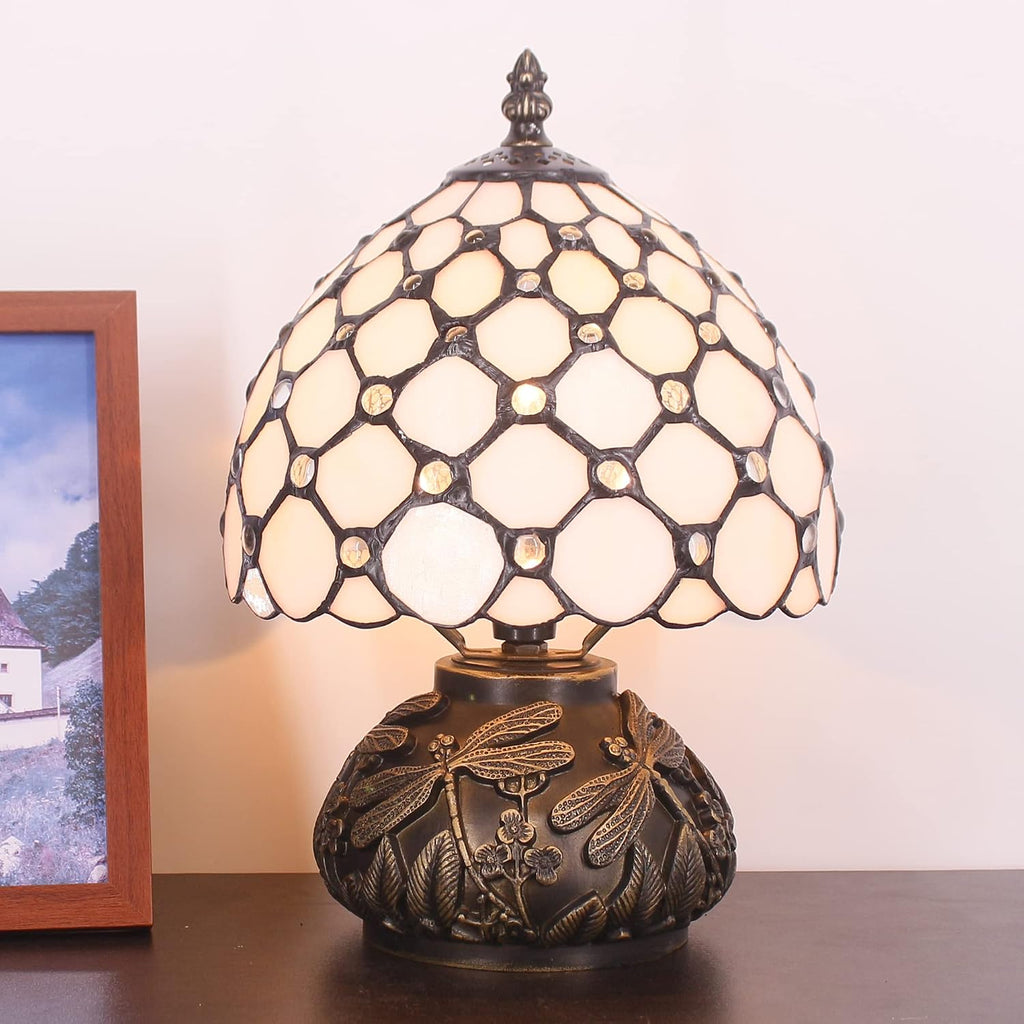 Small Tiffany Lamp Mini Stained Glass Table Lamp Cream Pearl Beads Style Mushroom Desk Light Memory Sympathy Lamp 8X11 Inch