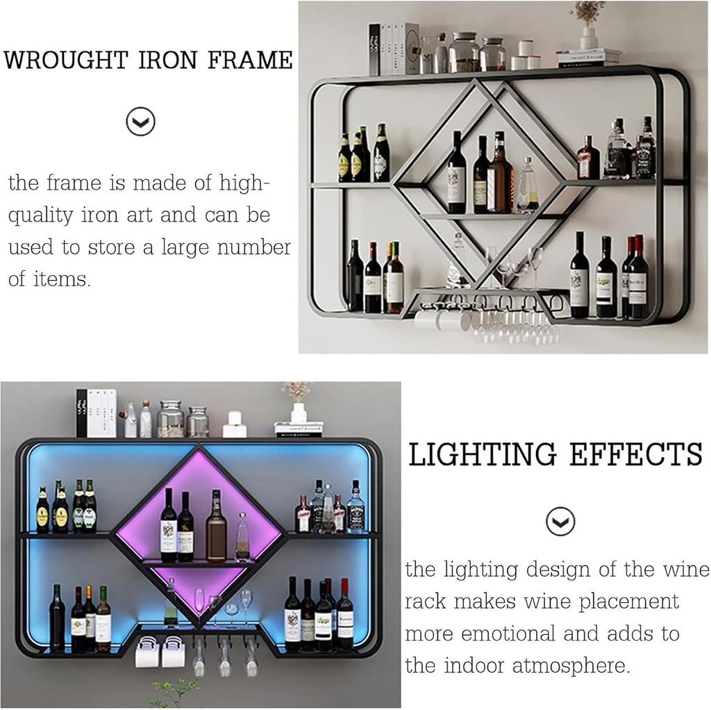 Modern Wall Mounted Wine Glass Rack with Floating Shelves for Whiskey Bottles Corner Bar Organizer and Display Shelf Black 120cm