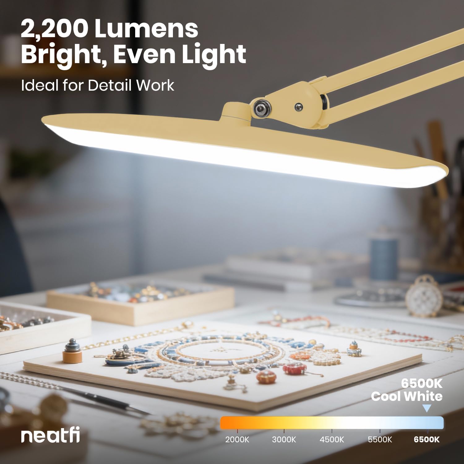 Neatfi XL 2200 Lumens 24W LED Desk Lamp – Shadow-Free Task Lighting | 4-Level Dimming | Home Office & Crafts Use | 20-Inch Wide Head (Gold, Non-CCT with Clamp)