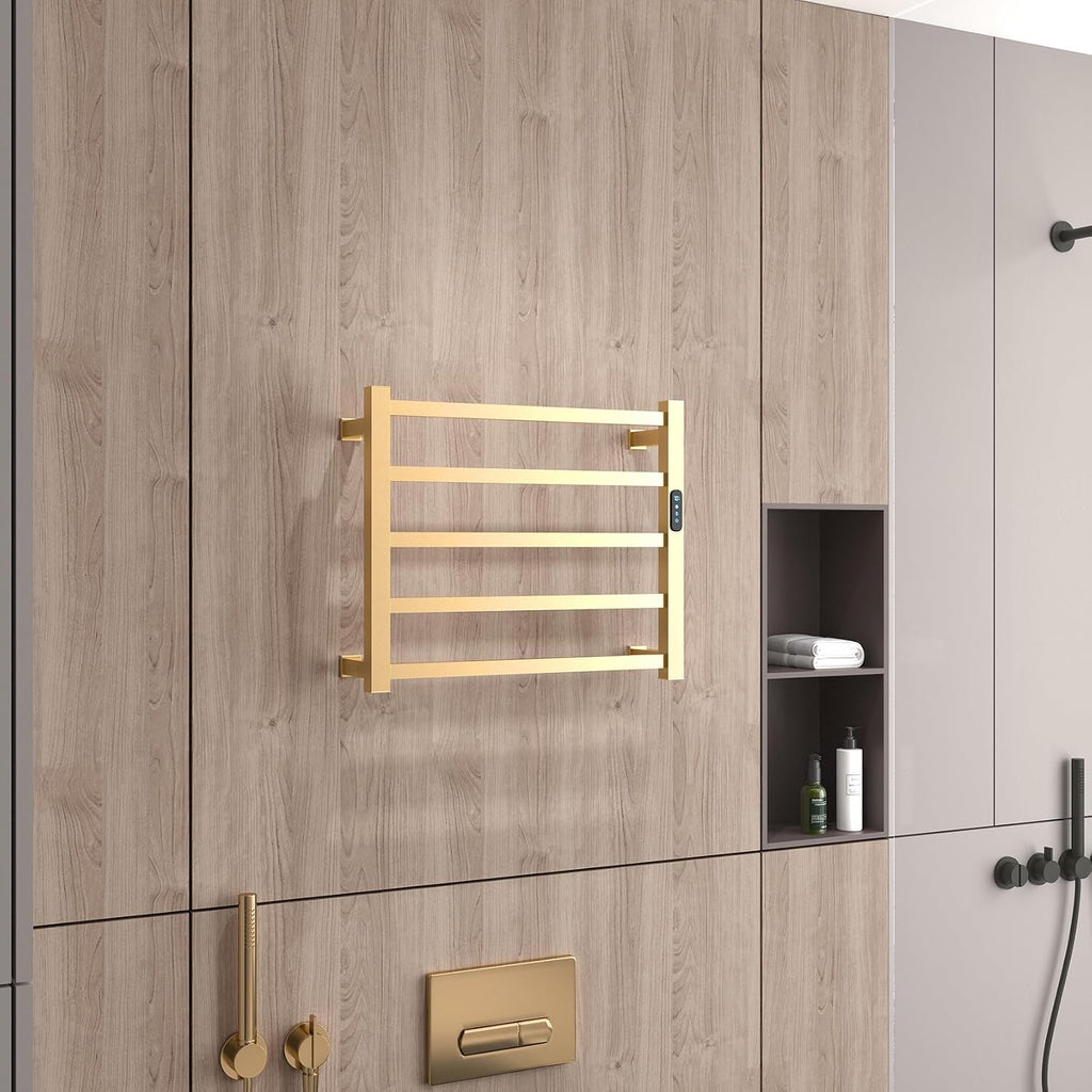 Luxury Heated Towel Rack Wall Mounted Towel Warmers, 5 Bars Towel Warmer Rack for Bathroom with Timer & Temperature Multi-Level Adjustable, Hardwired and Plug-in Compatible (Brushed Gold)