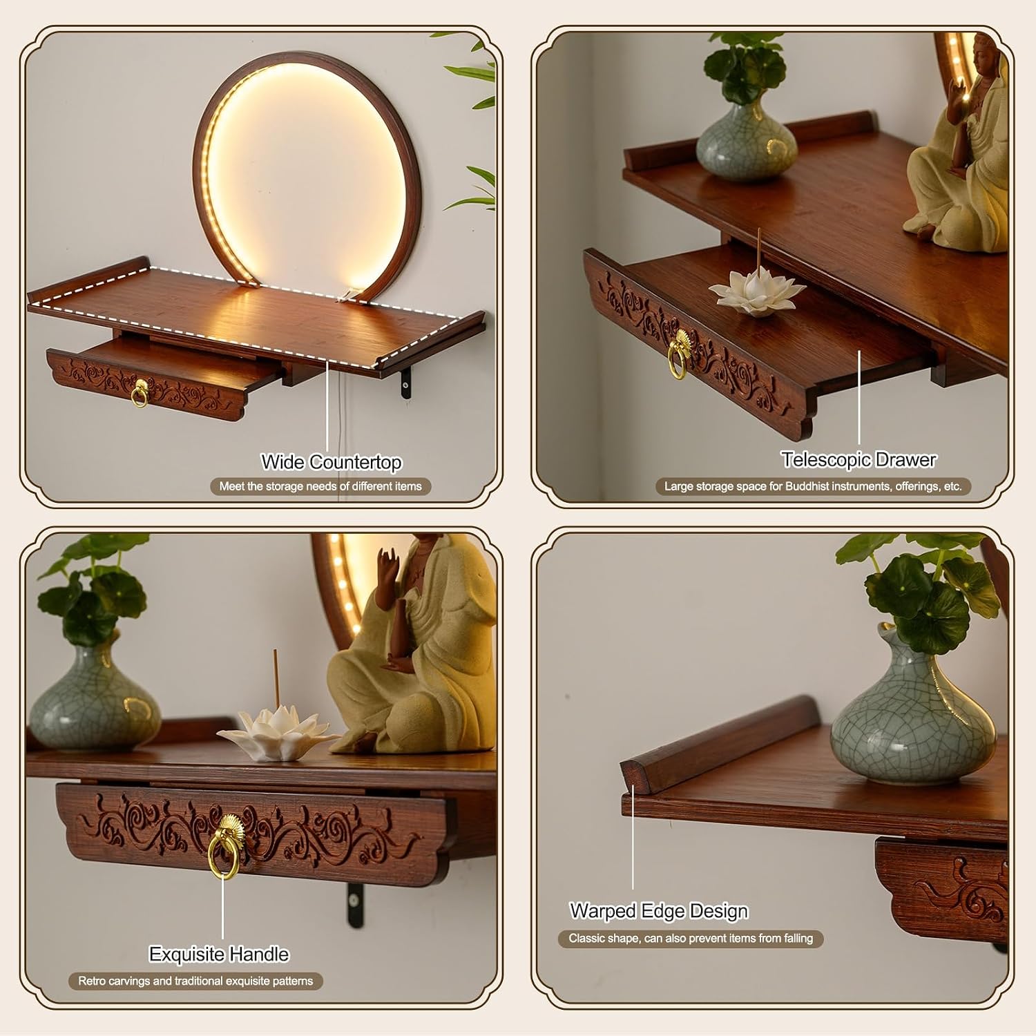 HARELA Wall-Mounted Personal Shrine Altar Table, Buddha Altar Shelf Shrine with LED Light, Retractable Bamboo Prayer Offering Table for Incense, Idols, and Worship Supplies(Reddish Brown,60cm/23.6in)