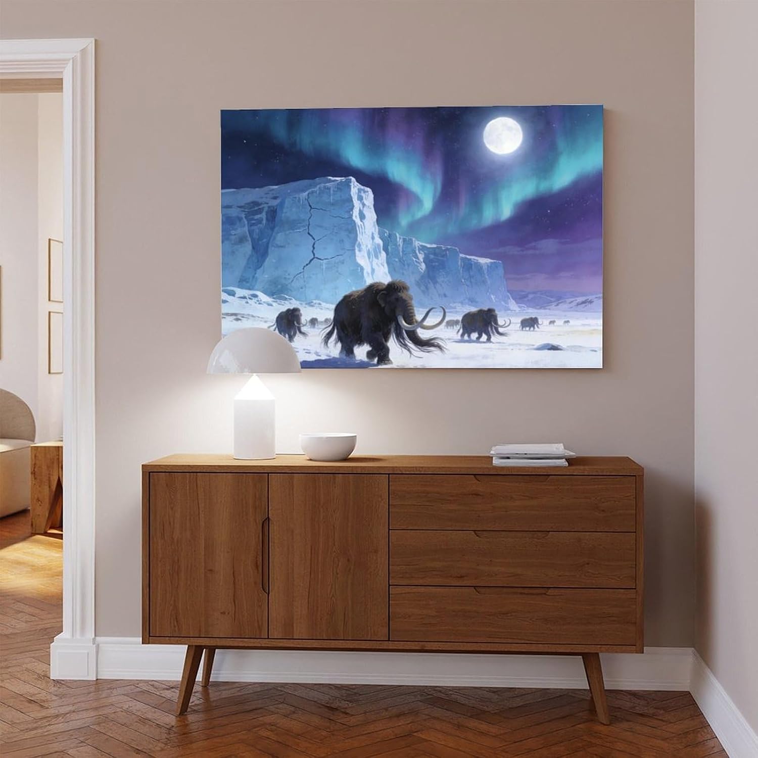 Aurora Mammoth Wall Art Print, Ice Age Prehistoric Scene Under Northern Lights And Full Moon, Fantasy Winter Poster 24x36inch(60x90cm)