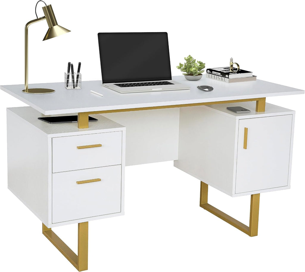 Techni Mobili Storage Drawers and Cabinet 51.25' W-Modern Office Large Floating Desktop Surface Desk, 23.6' D x 51.2' W x 29.8' H, White/Gold