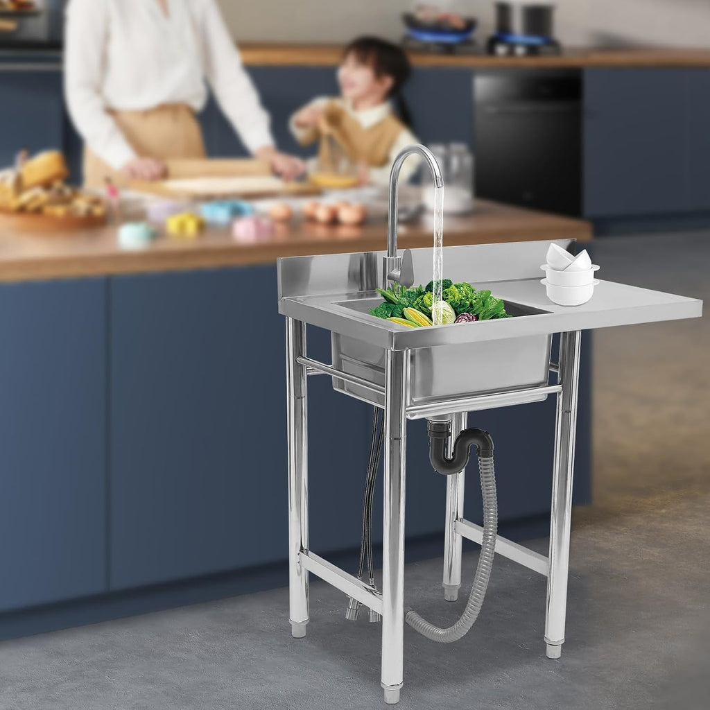Stainless Steel Sink Single Bowl Commercial Utility Sink Free Standing Kitchen Sinks with Cold and Hot Water Faucets for Kitchens, Garage, Laundry Room (35.4' W x 21.2' D x 39.3' H)