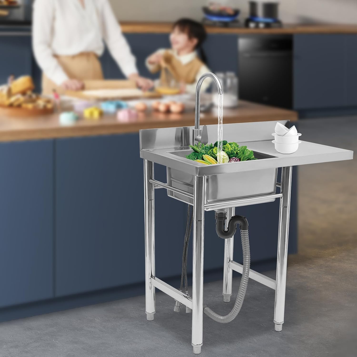 Stainless Steel Sink Single Bowl Commercial Utility Sink Free Standing Kitchen Sinks with Cold and Hot Water Faucets for Kitchens, Garage, Laundry Room (35.4' W x 21.2' D x 39.3' H)