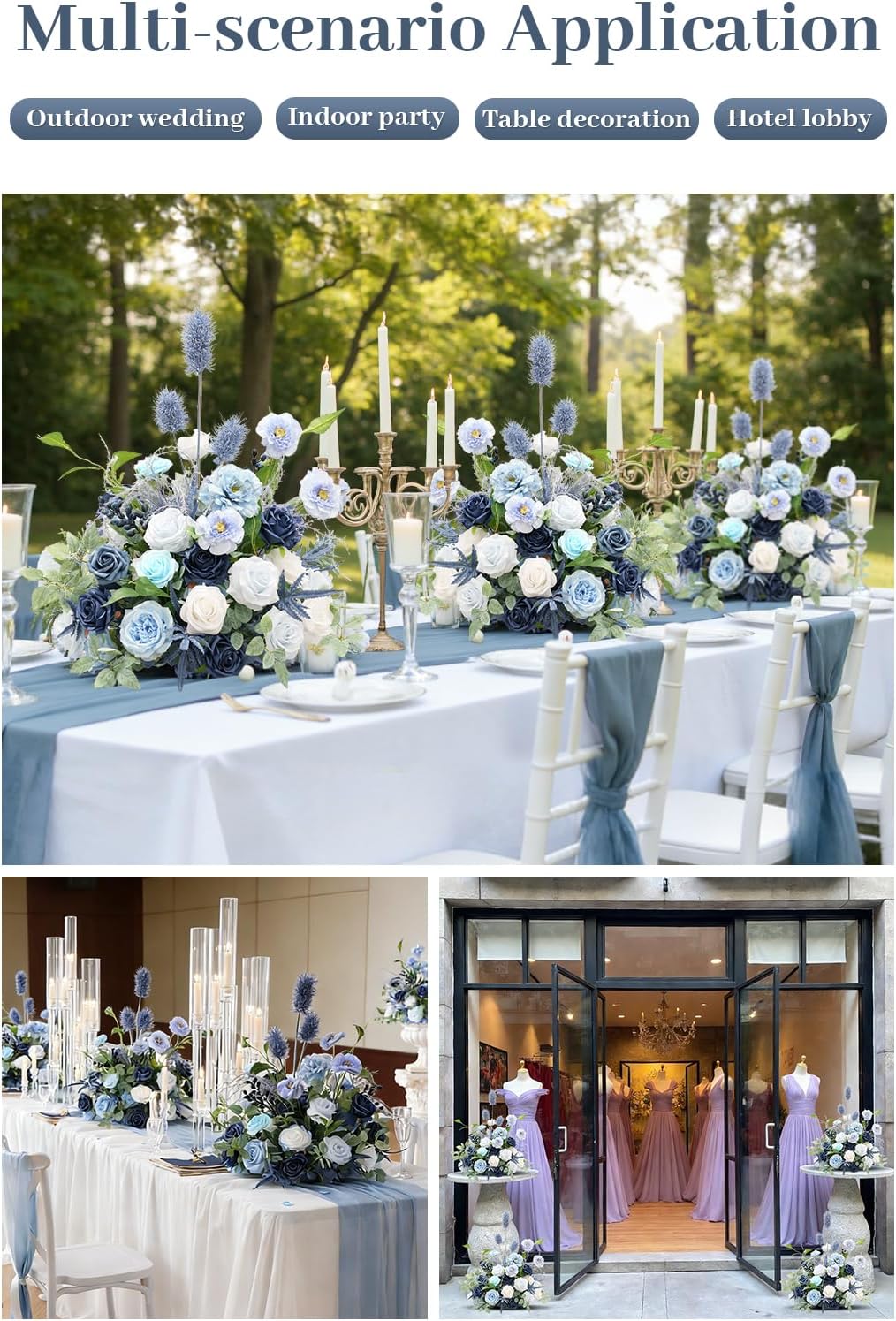 2pcs Free Standing Flowers Ball Bouquet Artificial Rose Floral Arrangements for Wedding Centerpieces Tables Aisle (Blue)