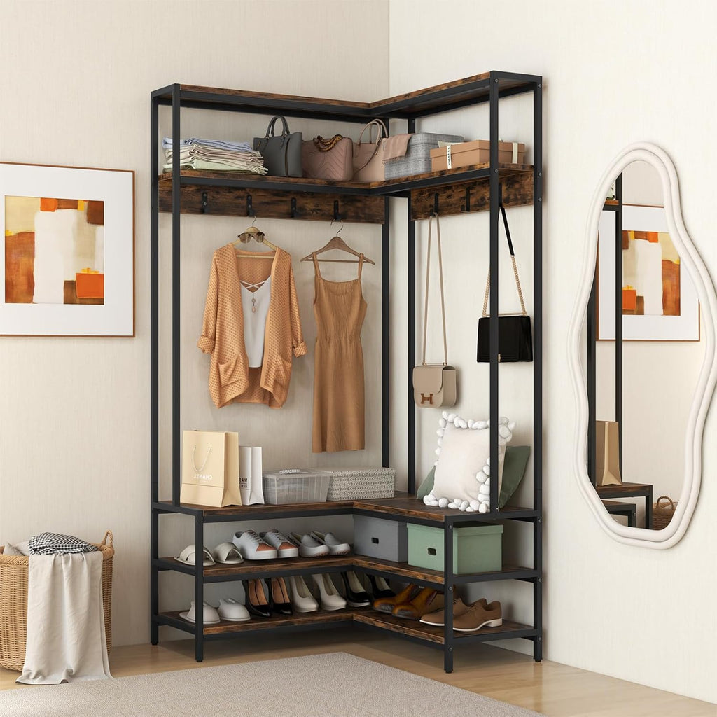 Tangkula Corner Hall Tree, 70 Inch Coat Rack with Bench and Shoe Storage, Entryway Furniture with 7 Hooks, Heavy Duty Metal Frame, Space Saving Clothes Rack Shoes Shelf Organizer (Rustic Brown)
