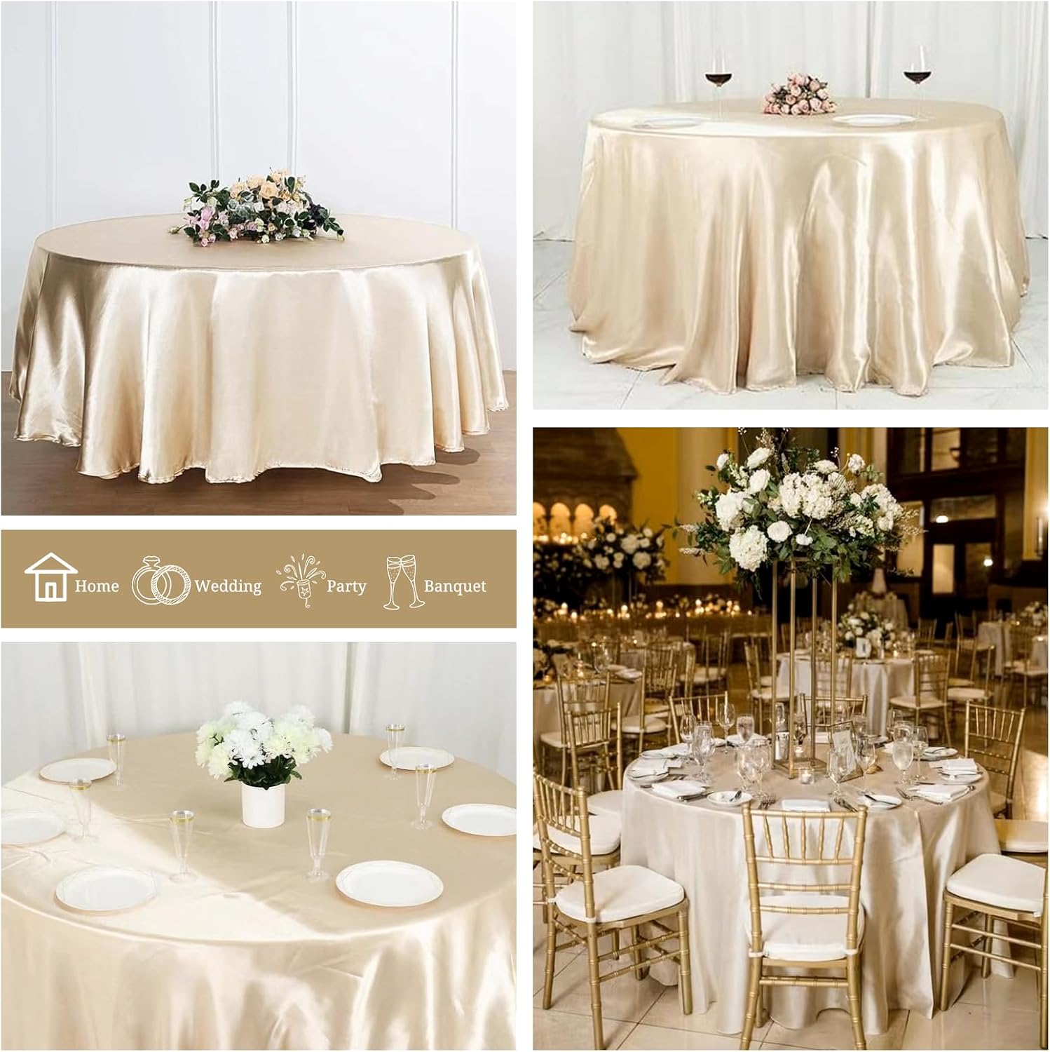12 Pack Champagne Round Tablecloth, 120 Inch Satin Fabric Table Cloth for Round Table, Wrinkle Resistant Washable Table Cover Bright Silk Table Clothes for Wedding Party Dining Table Banquet