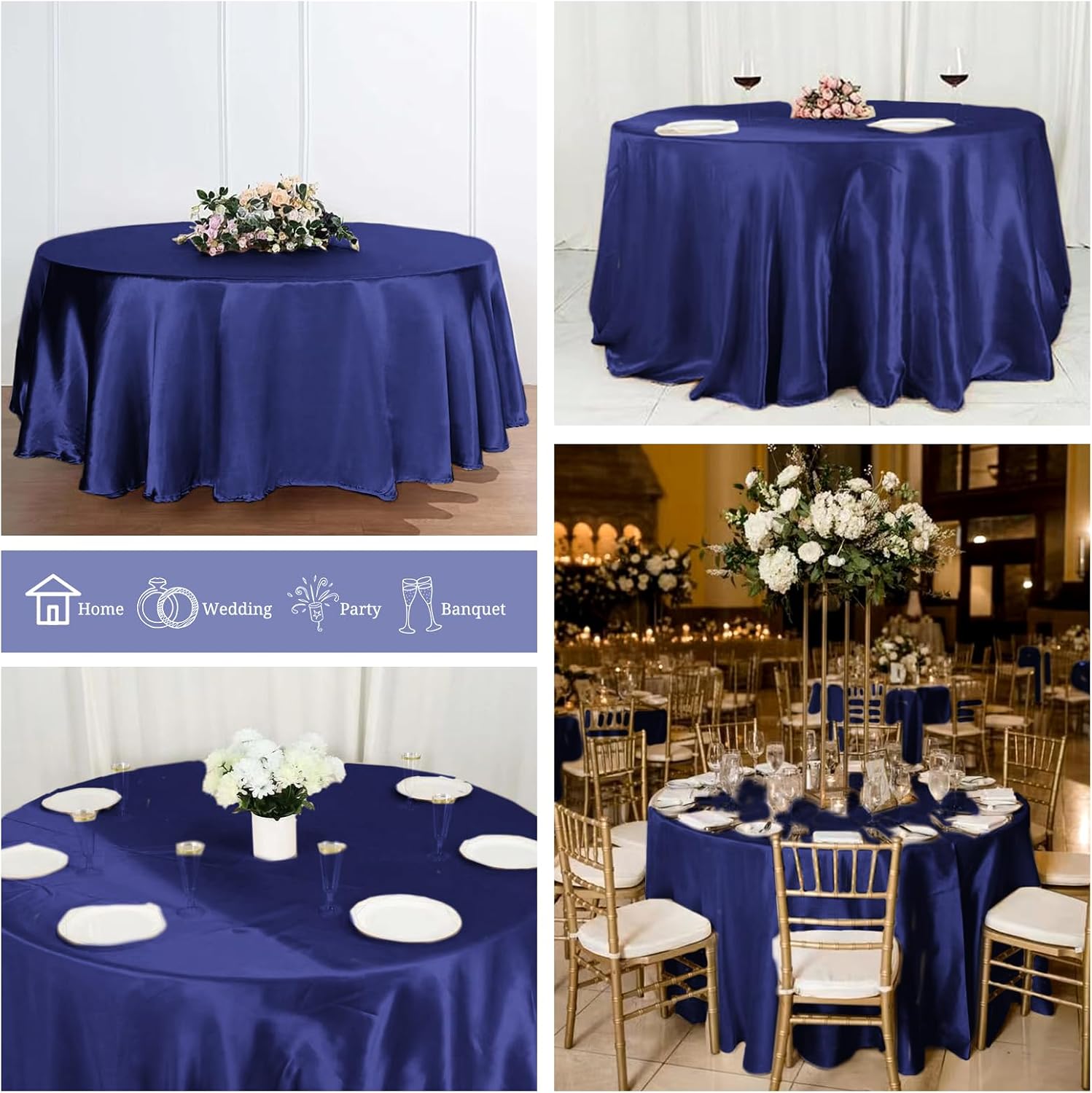 Pesonlook 12 Pack Navy Blue Round Tablecloth, 120 Inch Satin Fabric Tablecloth for Round Table, Wrinkle Resistant Washable TableCover Bright Silk TableClothes for Wedding Party Dining Table Banquet