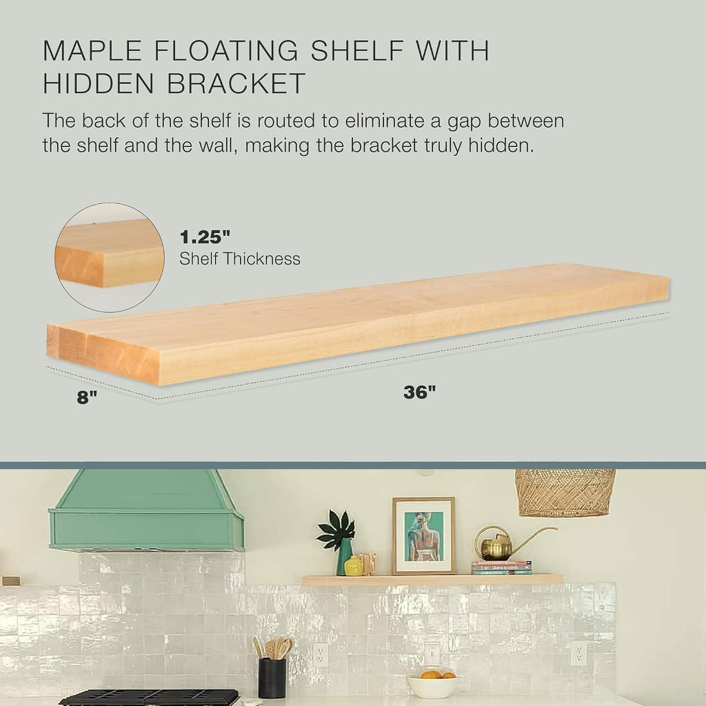 UltraShelf Solid Wood Floating Shelf for Wall Decor, Maple, 36' Long x 8' Deep