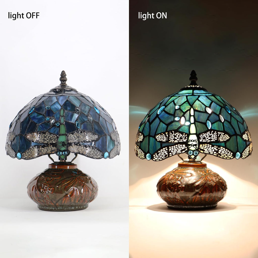Small Tiffany Table Lamp, 10X10X11 Inch Mini Stained Glass Mushroom Desk Light Memory Sympathy Ceramic lamp (Sea Blue Dragonfly Style)