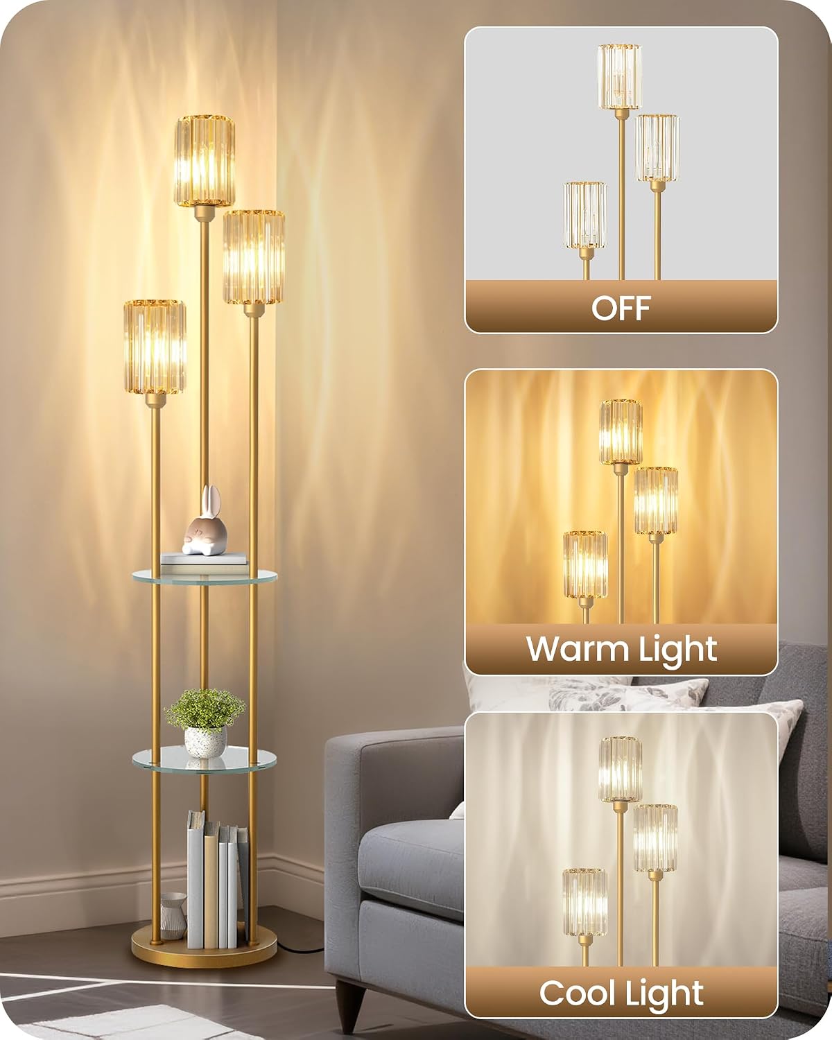 Gold Floor Lamp with Shelves, Modern Floor Lamp with 3 Crystal Shades and Foot Switch, 3-Light Standing Lamp with 3 Shelves, for Living Room, Bedroom, Study, Office, Gold D53LD05