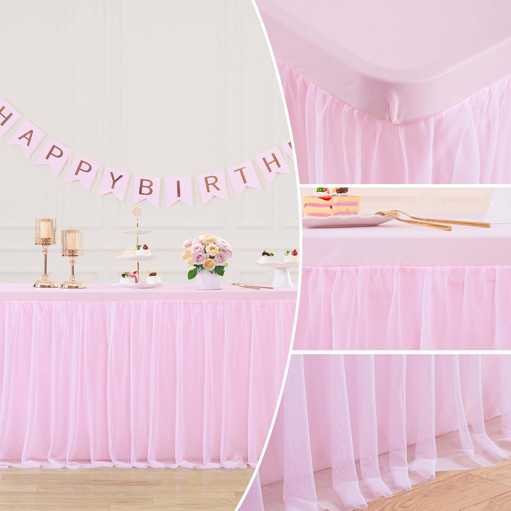 Suppromo 6 Pack 6ft Pink Tulle Tablecloths for Rectangle Tables 72 x 30 Inch Pink Rectangular Table Cloth, Wrinkle Free Table Cover with Tutu Skirt for Baby Shower Birthday Party Banquet Buffet Cake