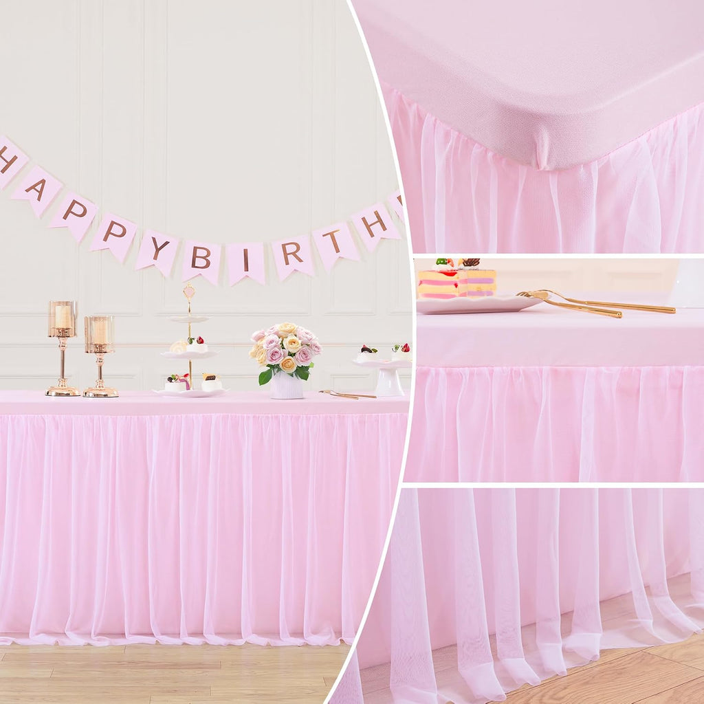 4 Pack 8ft Pink Tablecloths for Rectangle Tables, 8 Foot Pink Rectangular Table Cloth, Wrinkle Free Table Cover with Tutu Skirt for Baby Shower Girls Birthday Party Banquet Buffet Cake Decorations