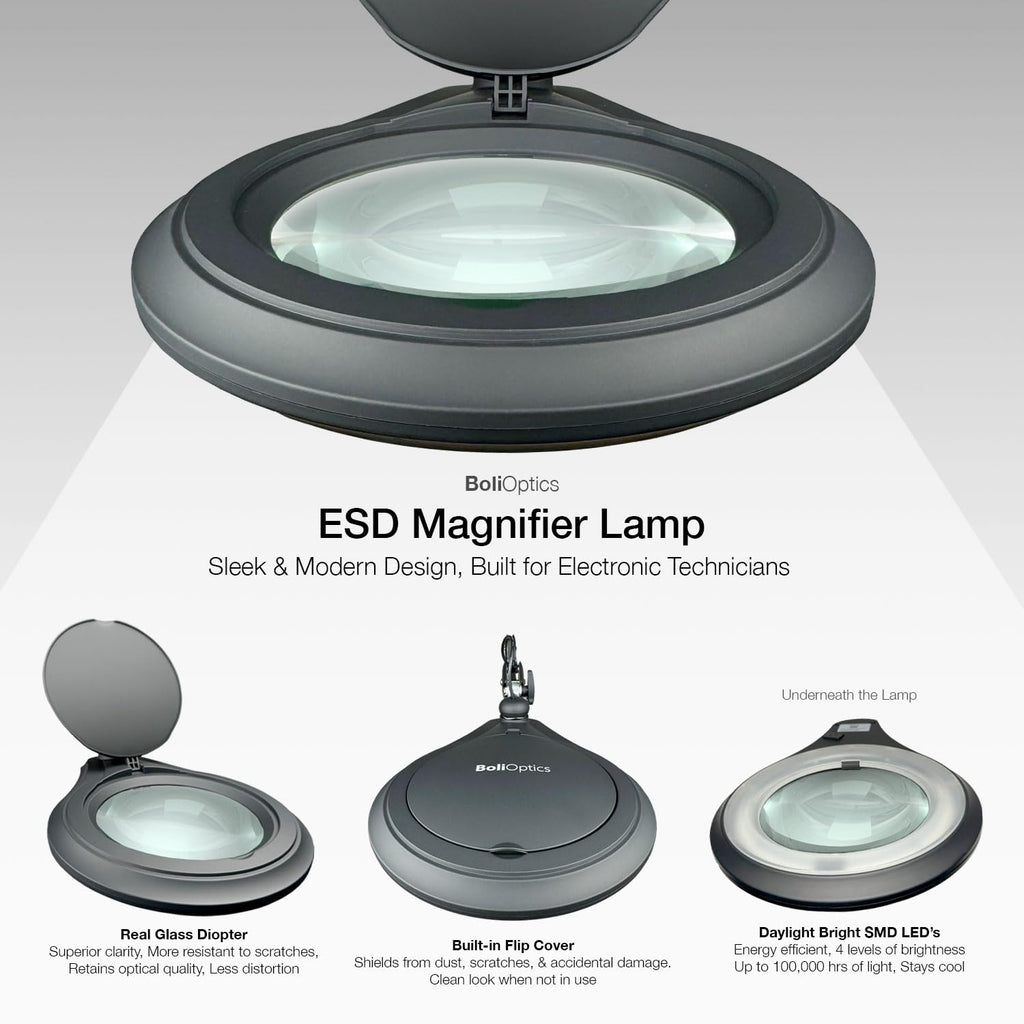 ESD Safe (Glass Lens) Professional LED Magnifying Lamp with Clamp (5 Diopter, 2.25X) Work Light, 4 Brightness Levels, Daylight Bright, 1200 Lumens, 5600K-6000K, Matte Black, BoliOptics MG16303222