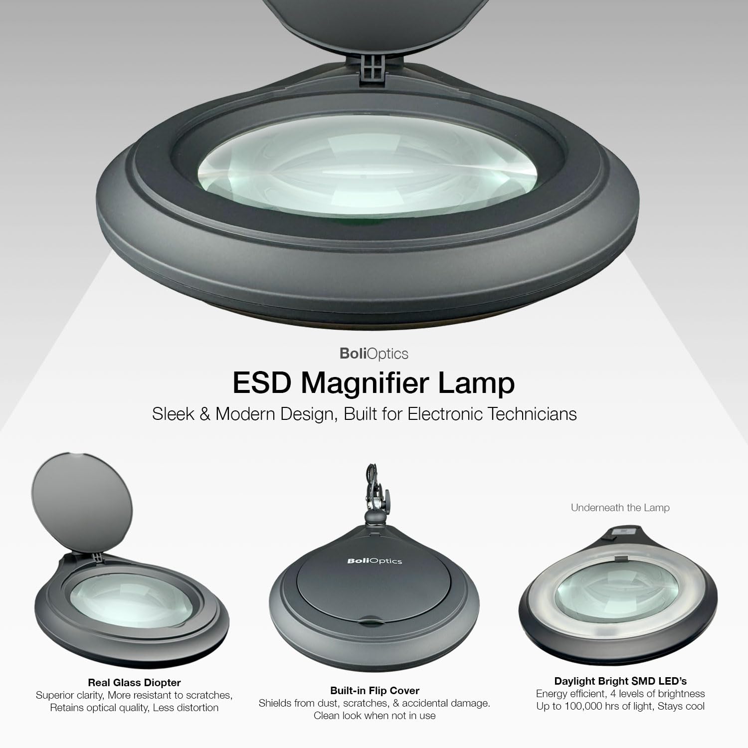 ESD Safe (Glass Lens) Professional LED Magnifying Lamp with Clamp (5 Diopter, 2.25X) Work Light, 4 Brightness Levels, Daylight Bright, 1200 Lumens, 5600K-6000K, Matte Black, BoliOptics MG16303222