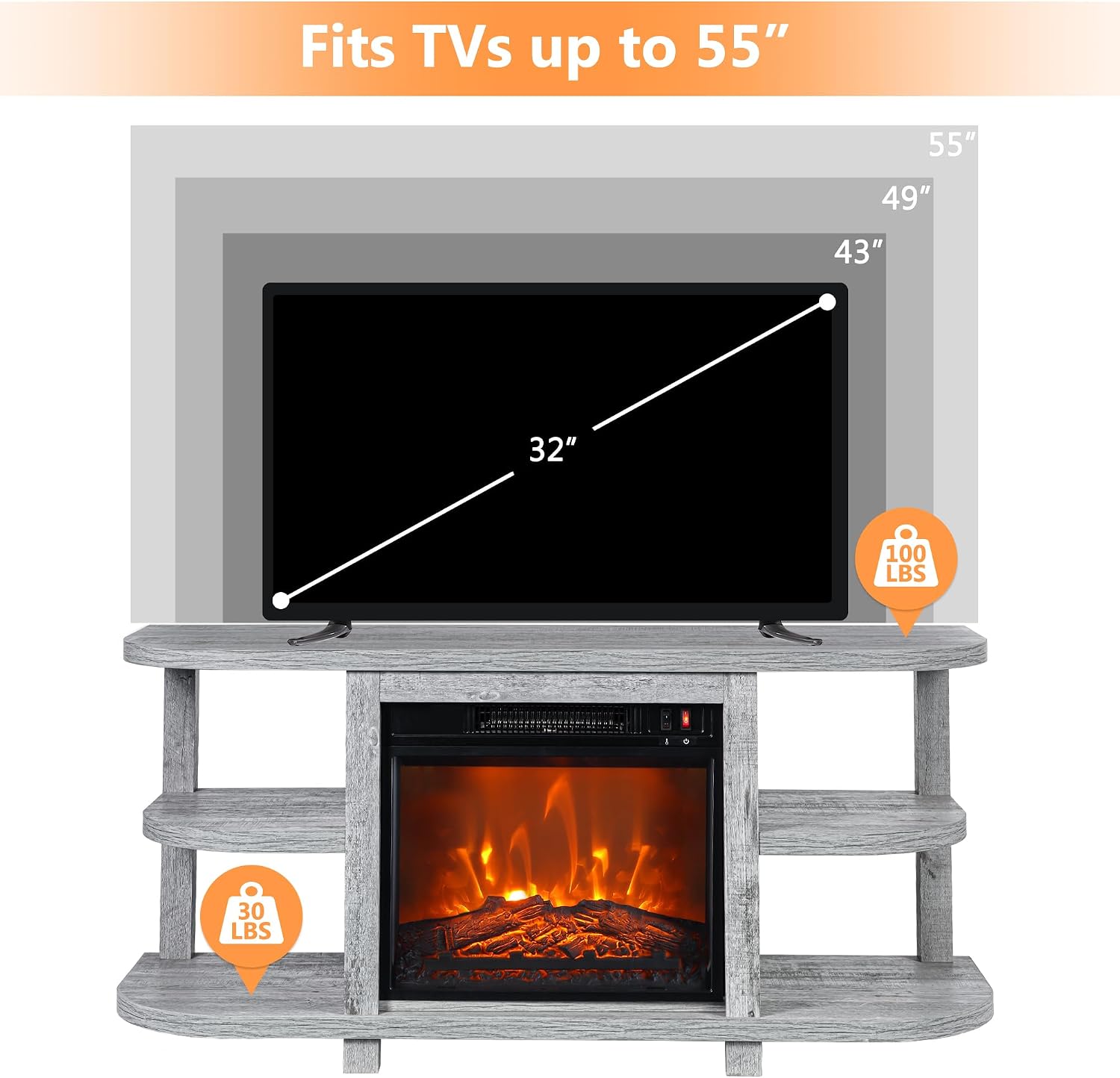 48' Fireplace TV Stand for TVs up to 55', Farmhouse Entertainment Center with 18' Electric Fireplace Insert, 1400W Wood Media Console Table with Open Storage Shelves for Living Room, Bedroom (Gray)