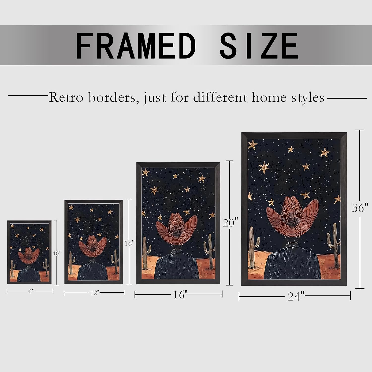 Black Framed Flat Vintage Starry Night Sky Poster Cowboy Hat Silhouette Cacti And Golden Stars Canvas Wall Art Western Prints Painting For Home Bedroom Dorm Wall Decor 24x36in Black Framed Flat