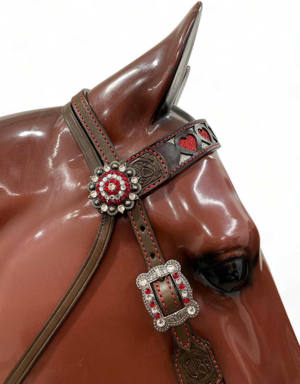 Premium Browband Horse Tack Set - Argentina Cow Leather Headstall & Breast Collar with Red Heart Design, Western Style, Durable Antique Nickel Hardware, Handcrafted Quality, Ideal for Show & Trail