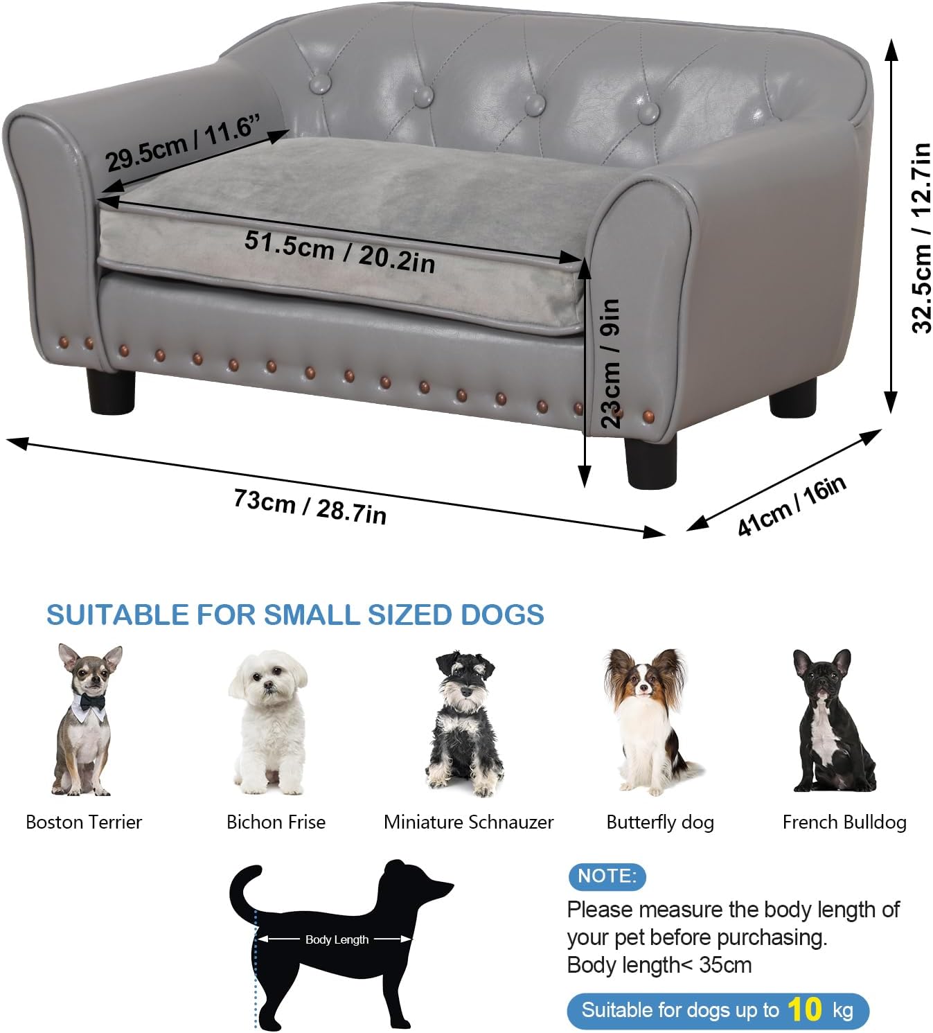 Dog Couch,Puppy Bed,Cat Sofa,Cat Couch,Pet Sofa,Dog Chair,Small Pet Bed,with Copper Nail and Wooden Frame, Leather Fabric and Cushion,for Small Animals Using (Grey)