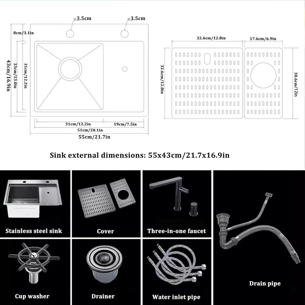Black Bar Sink with Cup Washer Kitchen Single Bowl Sink with Cover Stainless Steel Sink Coffee Shop Sink Three-in-one Faucet (
