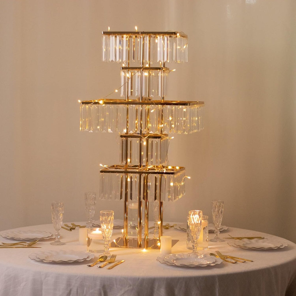 Efavormart Crystal Pendant 5-Tier Table Centerpiece Chandelier in Gold, 40' Flower Stand Metal Vase Square Pedestal with Hanging Crystals