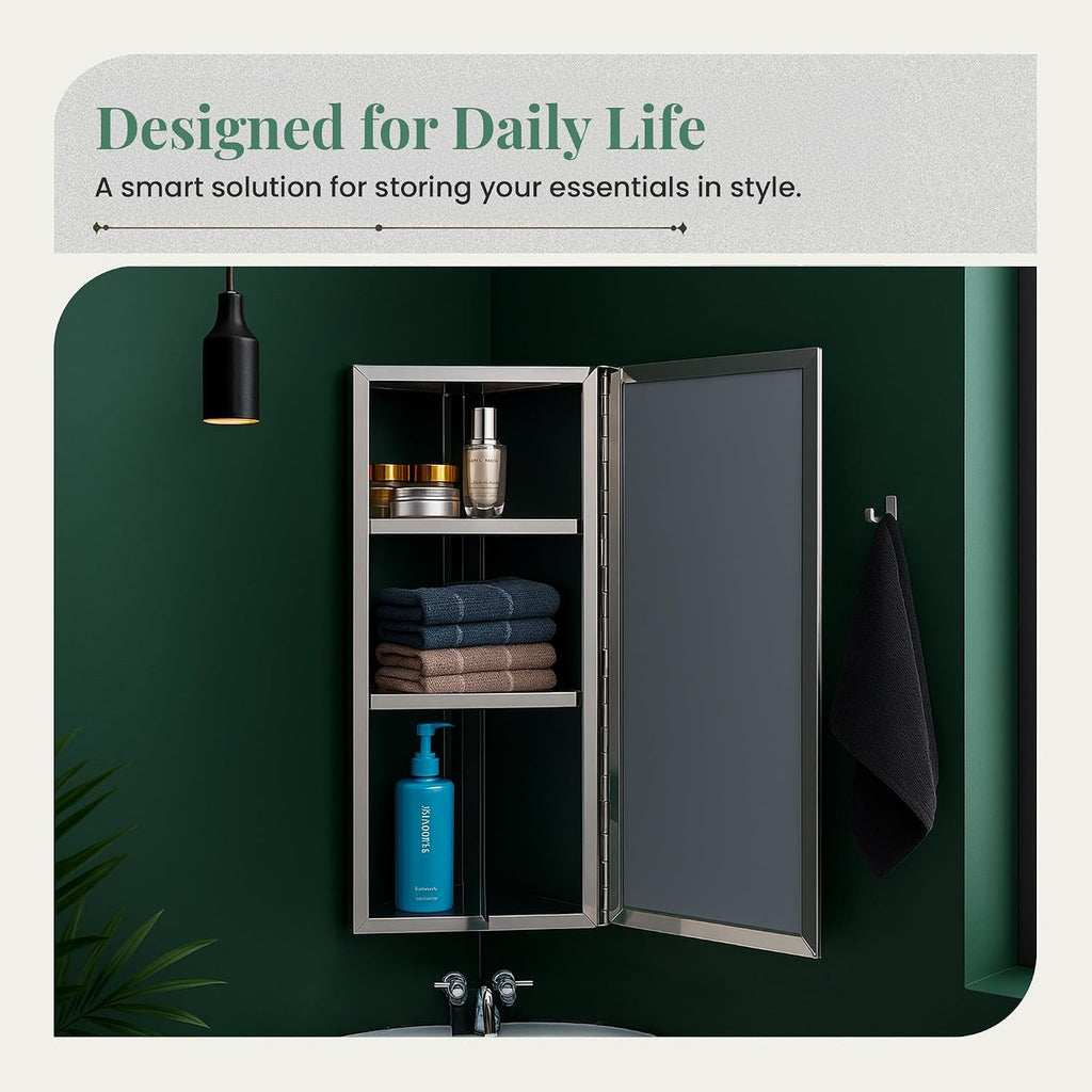 Renovator's Supply Corner Medicine Cabinet Stainless Steel Mirrored Door Polished Triple Shelf Wall Mount Rustproof,Silver