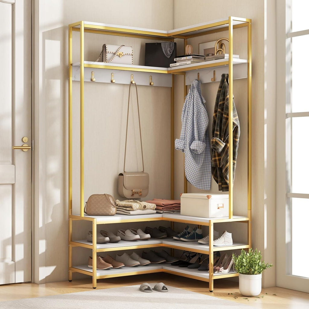 Tangkula Corner Hall Tree, 70 Inch Coat Rack with Bench and Shoe Storage, Entryway Furniture with 7 Hooks, Heavy Duty Metal Frame, Space Saving Clothes Rack Shoes Shelf Organizer (White)