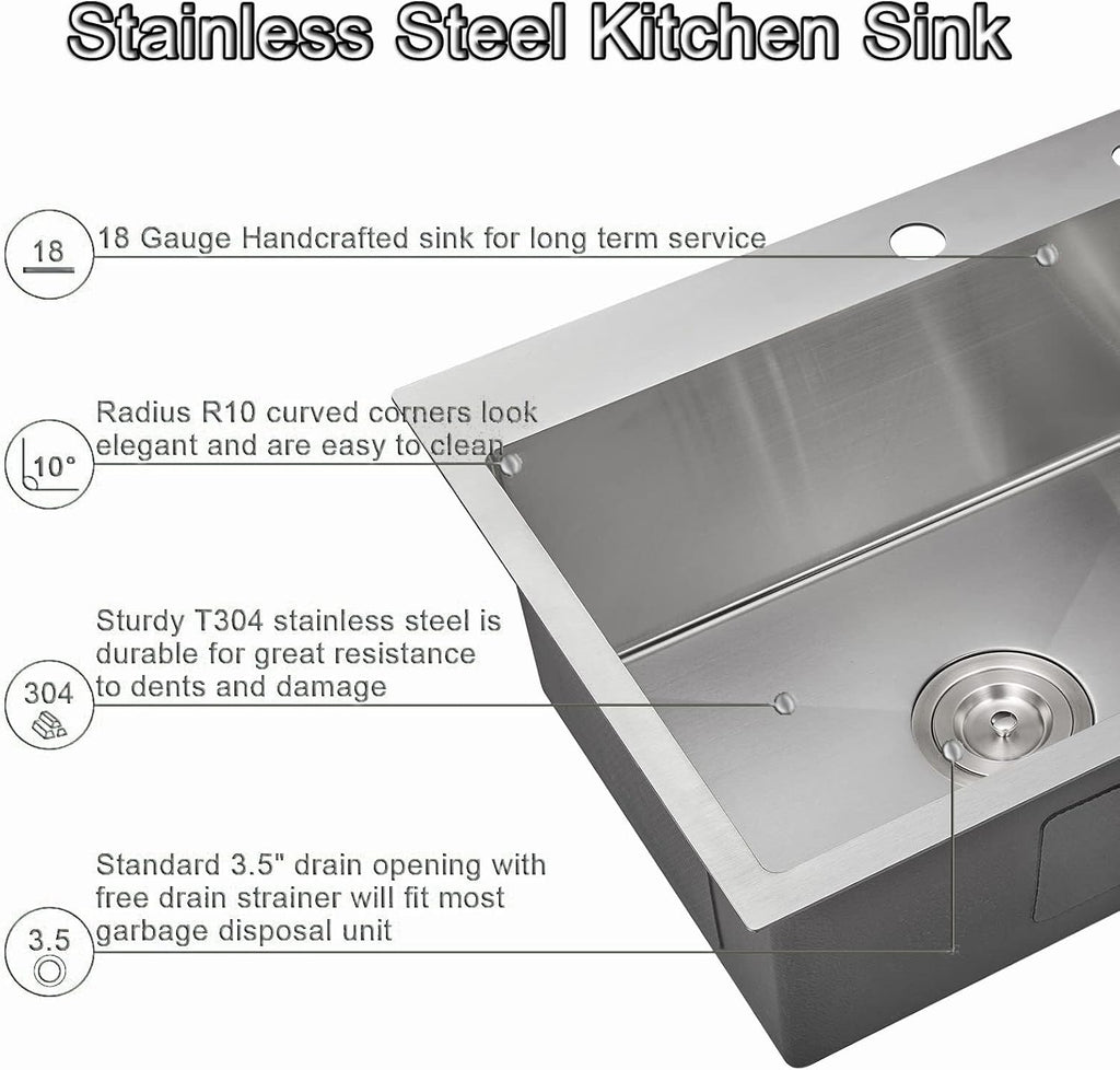 JATIBOSH Silver Kitchen Sink Drop in 3 Hole Workstation Stainless Steel Sink, Nano Coating, Single Bowl Sink with Drain Assembly Set (Color : Silver, Size : 60 * 45cm)