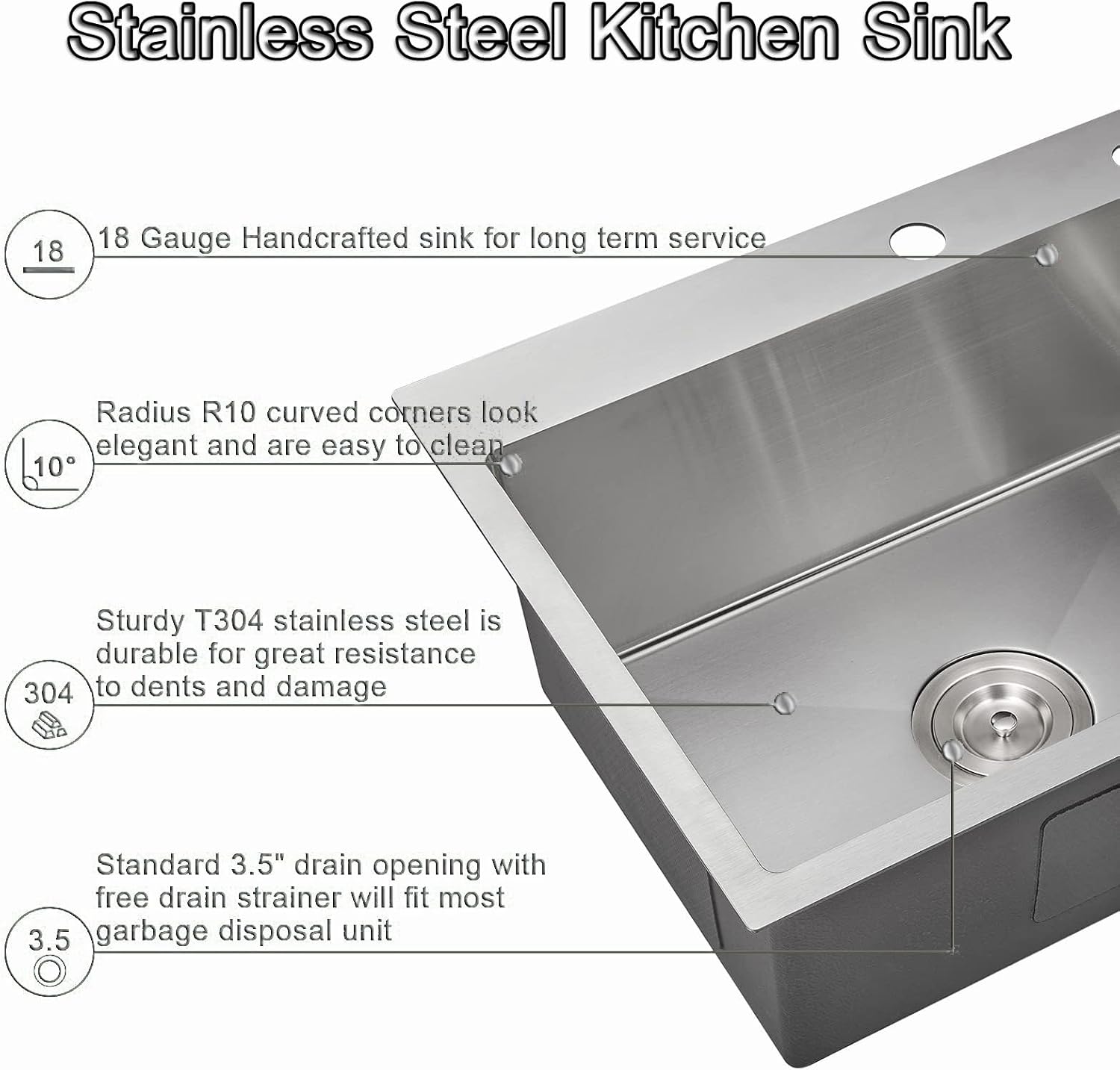 JATIBOSH Silver Kitchen Sink Drop in 3 Hole Workstation Stainless Steel Sink, Nano Coating, Single Bowl Sink with Drain Assembly Set (Color : Silver, Size : 60 * 45cm)