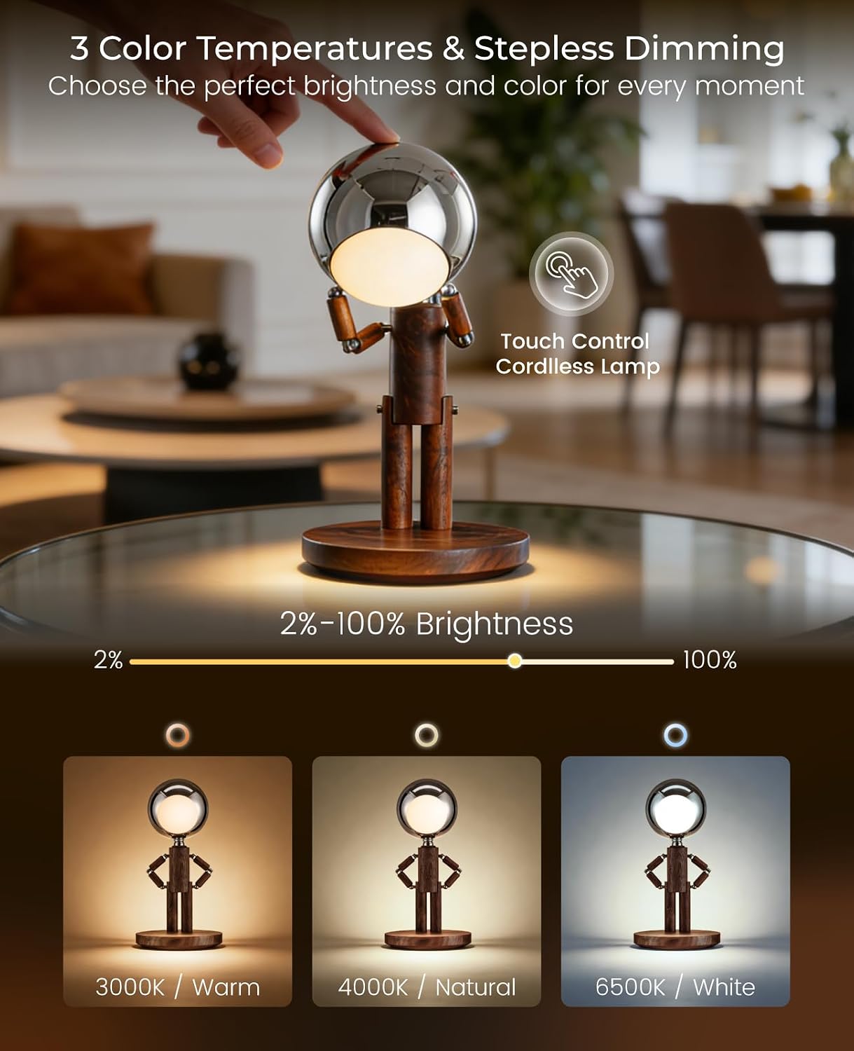Cordless Table Lamp, Rechargeable Wooden Desk Lamp with Touch Control & Stepless Dimming, 3 Color Temperatures, Bedside Lamp for Bedroom Nightstand Office, Home Decor, Unique Gifts, Black Walnut