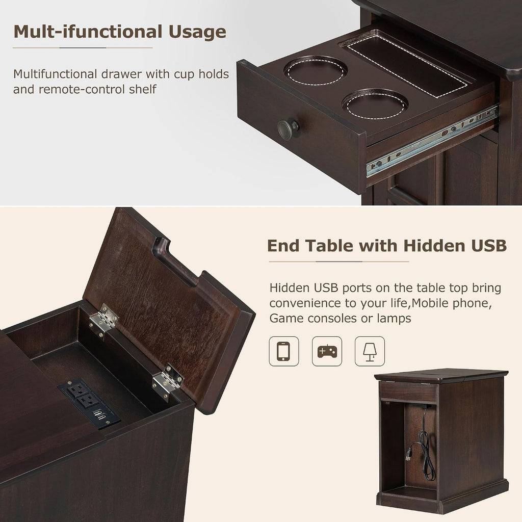 Multifunctional Classic Vintage End Table with USB Ports and 1 Drawer with Cup Holders, Sofa Side Narrow Table, Bedside Nightstand for Living Room Bedroom (Antique Espresso)