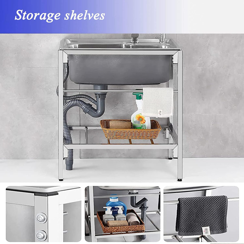 Commercial Sink 304 Stainless Steel Single Bowl Sink with Adjustable Shelves Over The Sink and Hanging Rod, Freestanding Utility Sink for Restaurant Kitchen Laundry Room Garage