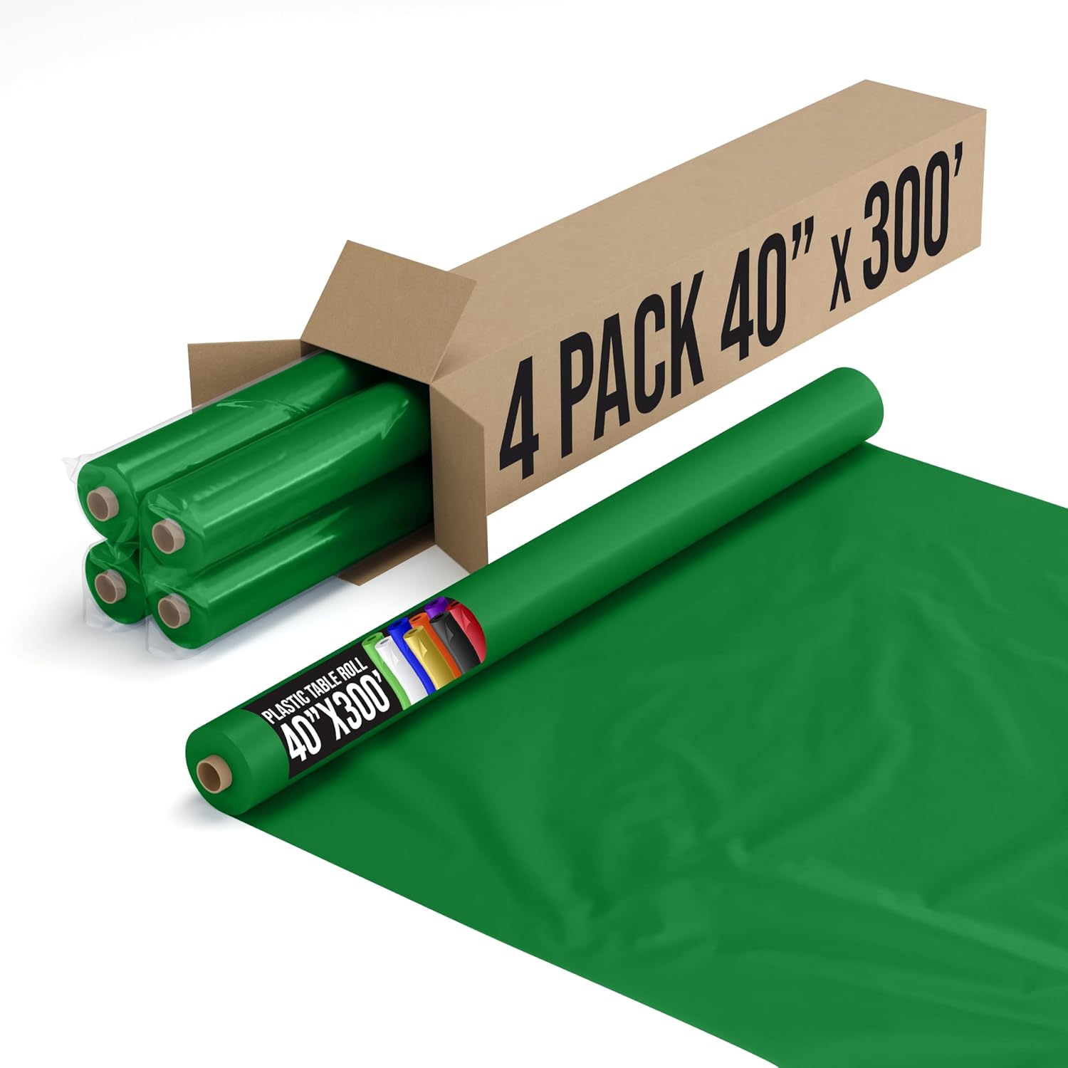 Exquisite Party Solids Emerald Green Plastic Table Cover Roll, Pack of 4-40' X 300' Table Cloth Plastic Cover Roll - Premium Quality Thick 0.5 MIL Banquet Rolls - Disposable Tablecloth Rolls