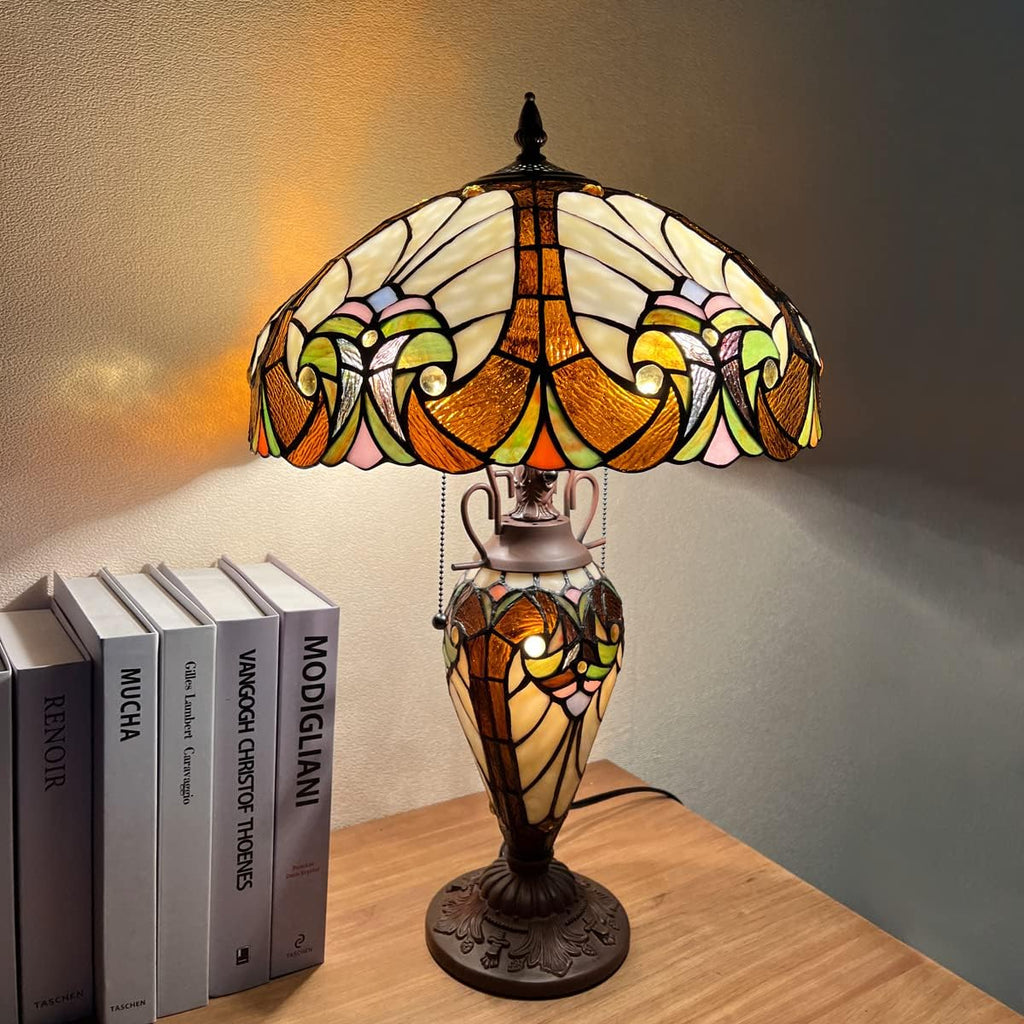 Tiffany Table Lamp Night Light 16' Wide Handmade Stained Glass Lamp Shade 3 Light Amber Cream Victorian Style Vintage Table Lamp for Home and Office