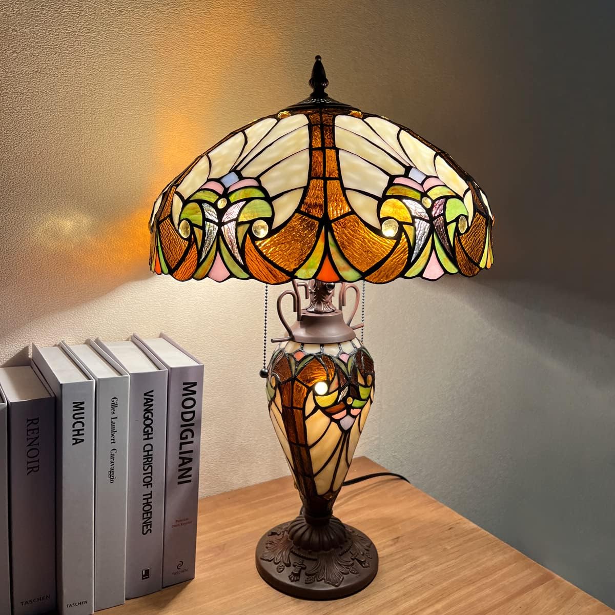 Tiffany Table Lamp Night Light 16' Wide Handmade Stained Glass Lamp Shade 3 Light Amber Cream Victorian Style Vintage Table Lamp for Home and Office
